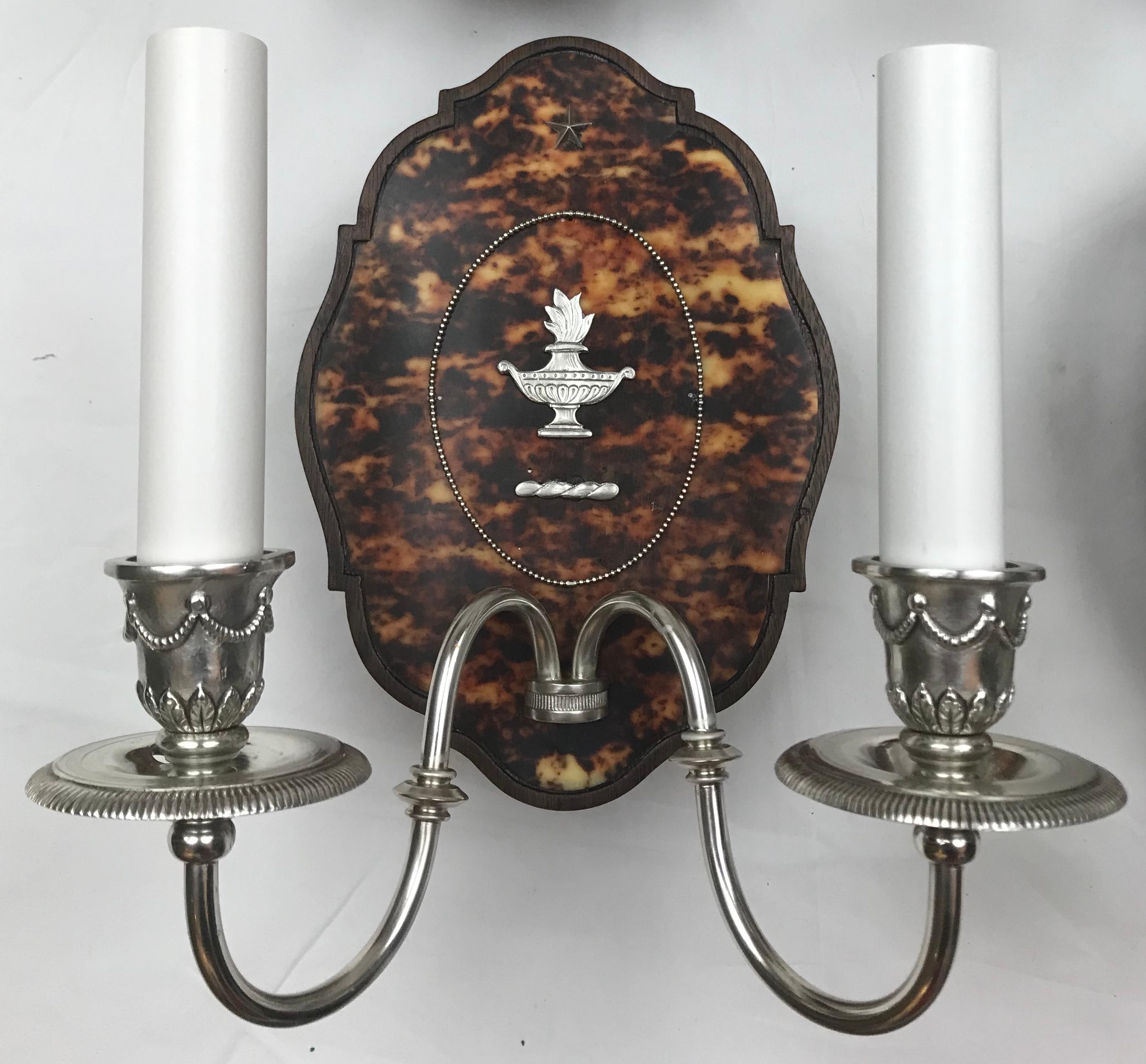 Silvered Two Pairs of Adam Style Silver and Tortoise Shell Sconces by Edward F. Caldwell For Sale