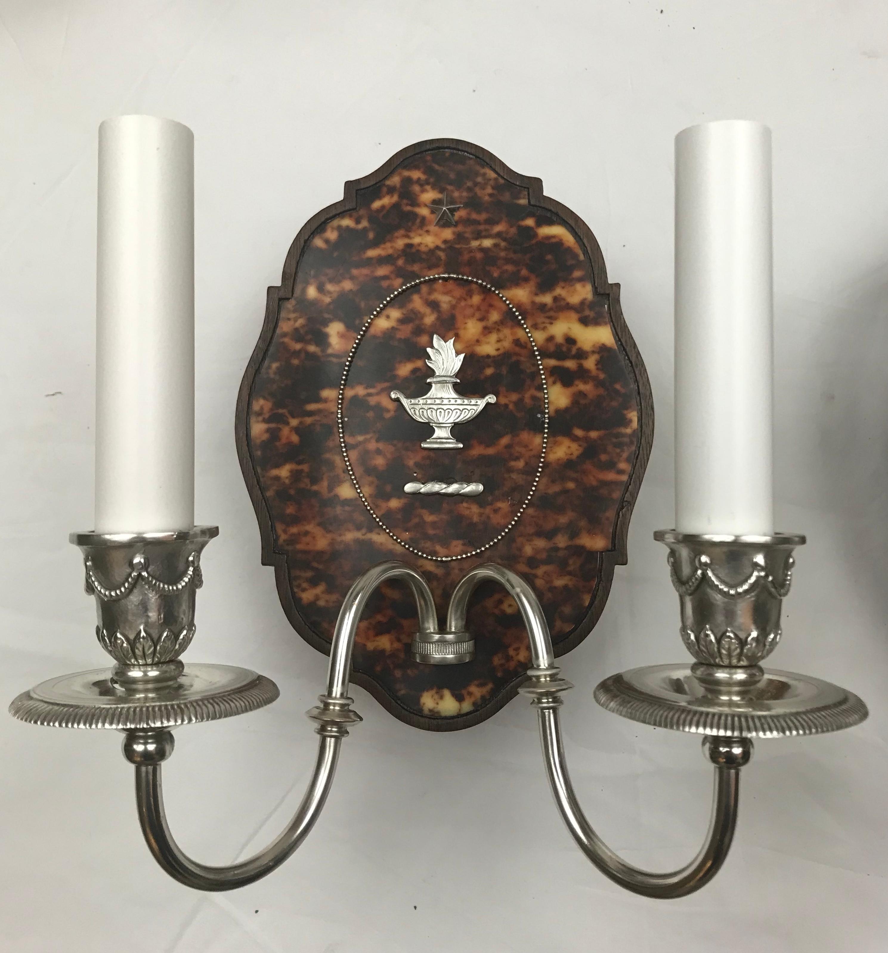 Two Pairs of Adam Style Silver and Tortoise Shell Sconces by Edward F. Caldwell In Good Condition For Sale In Pittsburgh, PA