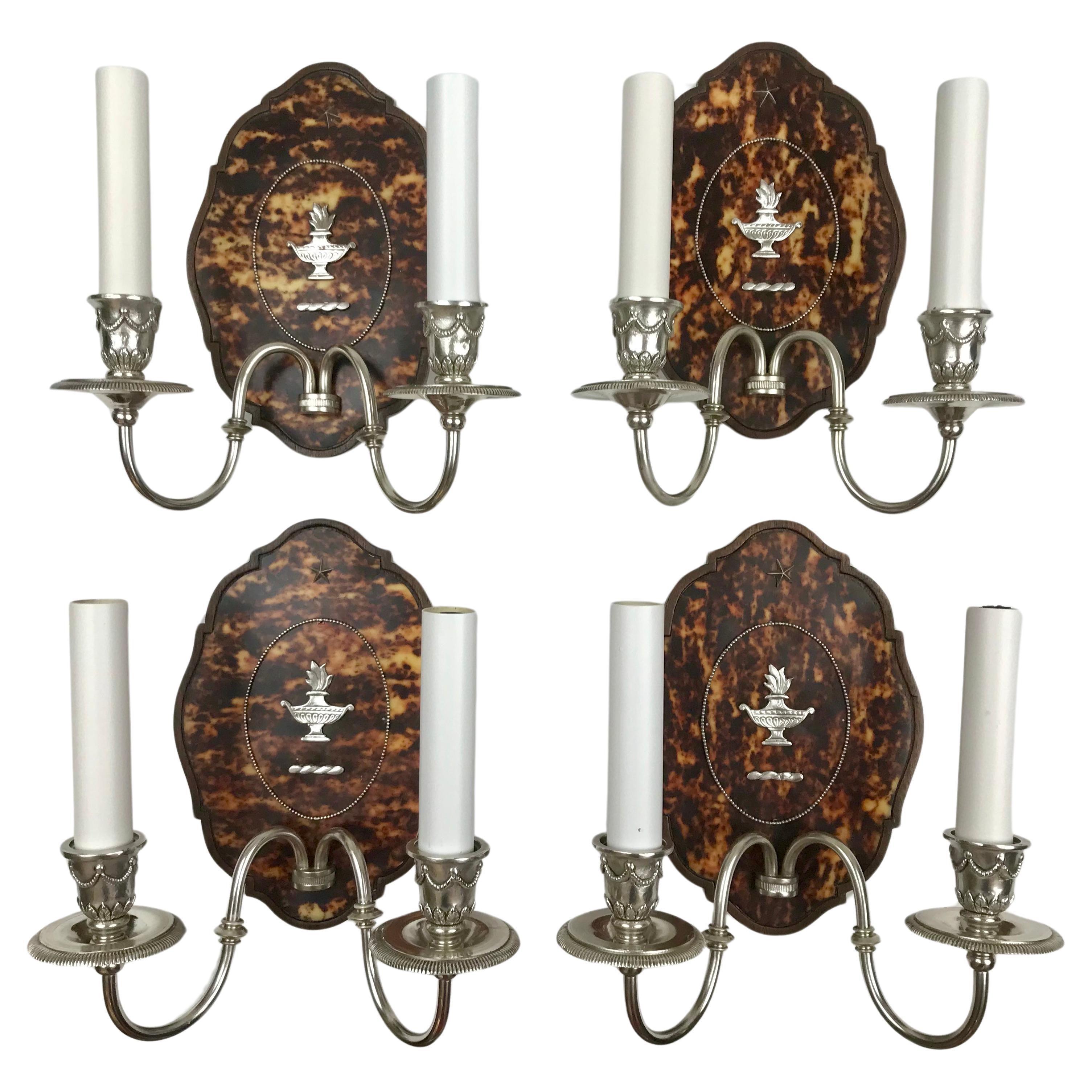 Two Pairs of Adam Style Silver and Tortoise Shell Sconces by Edward F. Caldwell For Sale