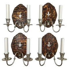 Antique Two Pairs of Adam Style Silver and Tortoise Shell Sconces by Edward F. Caldwell