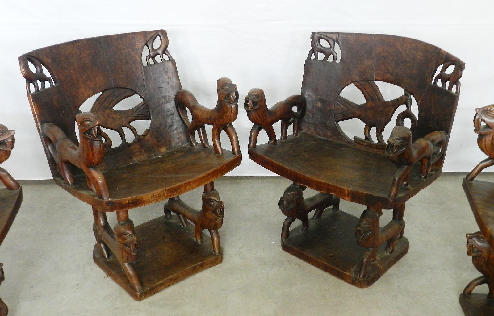 Two Pairs of African Chairs Carved Animals Wood Armchairs Early 20th Century 2