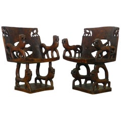 Two Pairs of African Chairs Carved Animals Wood Armchairs Early 20th Century