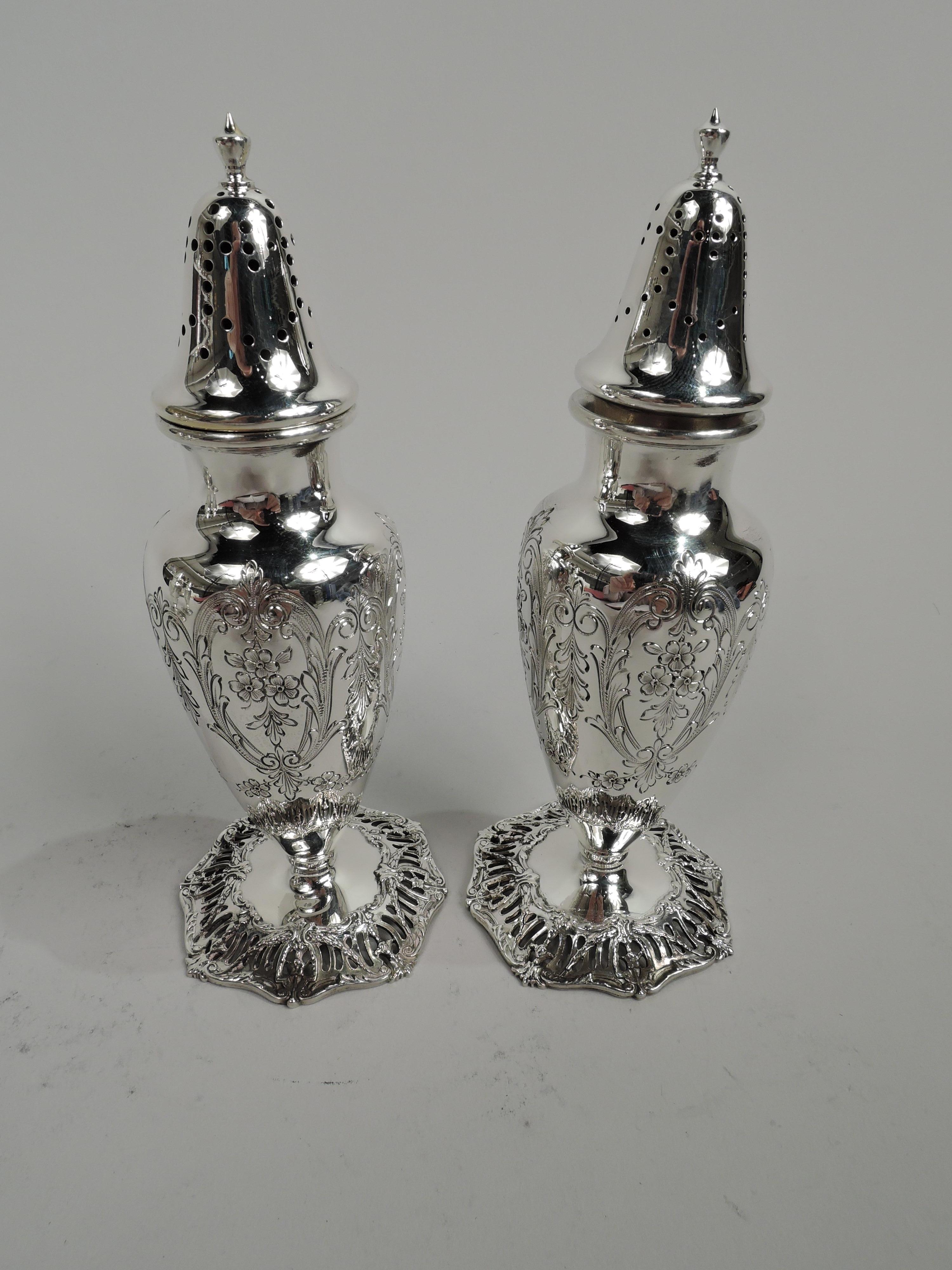 Regency Revival Two Pairs of Antique Edwardian Regency Sterling Silver Salt & Pepper Shakers For Sale