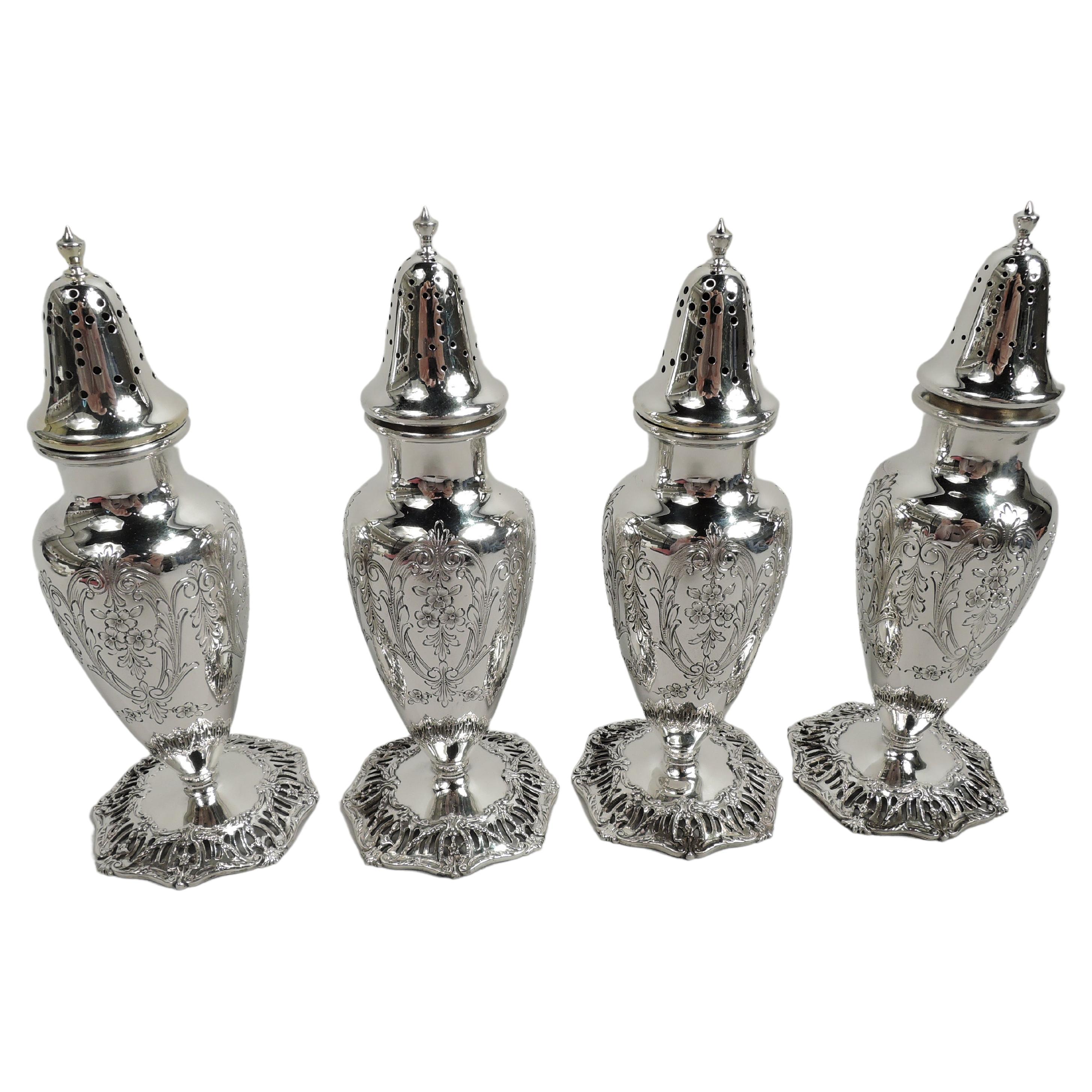 Two Pairs of Antique Edwardian Regency Sterling Silver Salt & Pepper Shakers For Sale