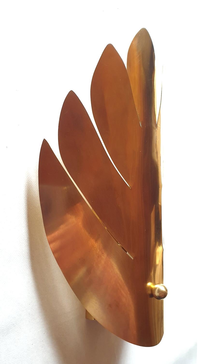 Polished Pair of Brass Leaf Mid-Century Modern Sconces, Maison Jansen Style, 1970s