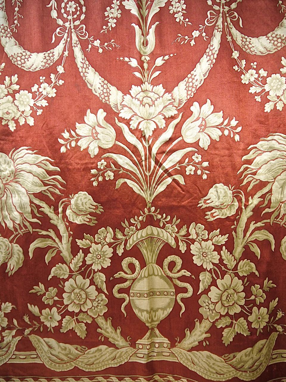 Two Pairs of Dark Coral Dull Gold Silk Curtains French 19th Century 1