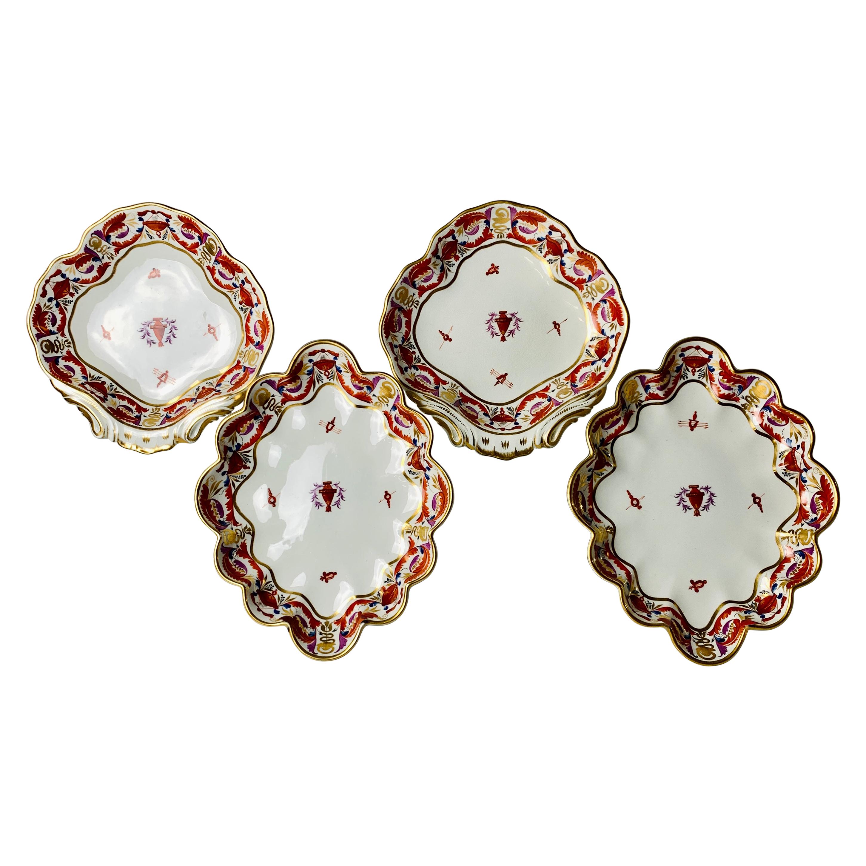 Two Pairs of Derby Porcelain Shaped Dishes Hand-Painted England, Circa 1810