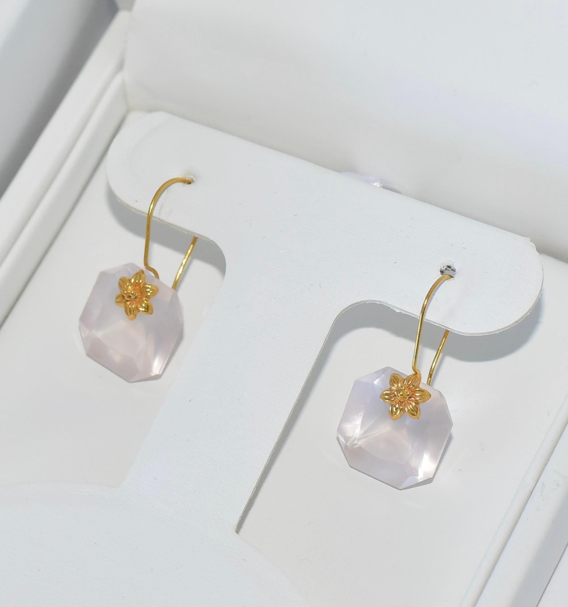 Two pairs of earrings, Natural Amethyst and Pink Quartz Earrings in 18K Solid Yellow Gold. For you and your friend!. 
Simple, everyday wear, and timeless. 
Total length 1.3 inches
