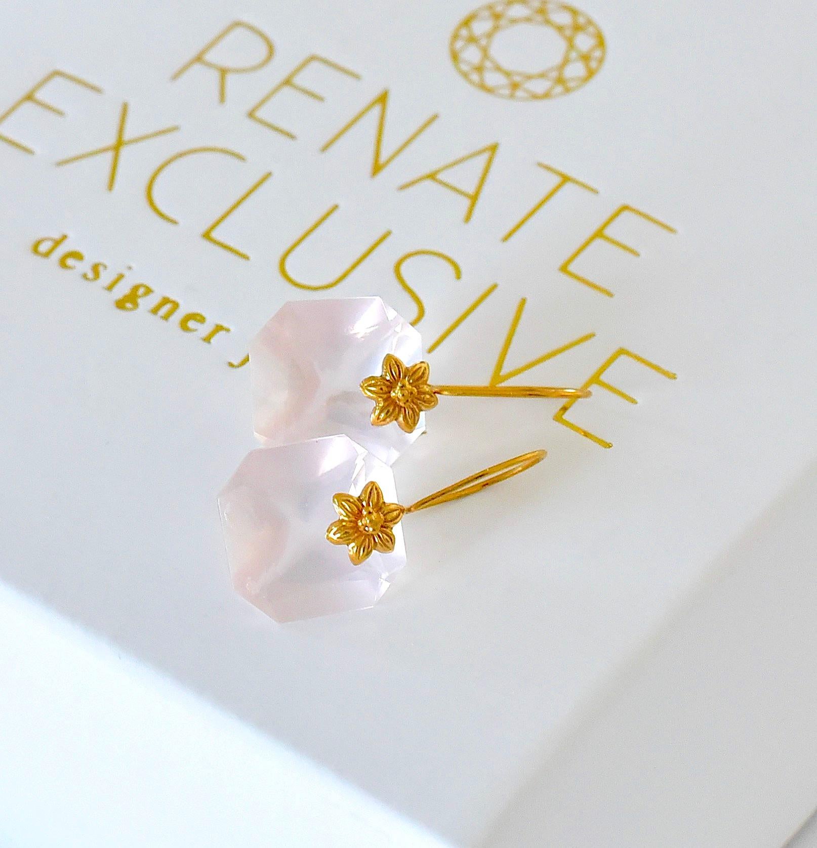 Modern Two Pairs of Earrings; Natural Amethyst, Pink Quartz Earrings in 18K Solid Gold