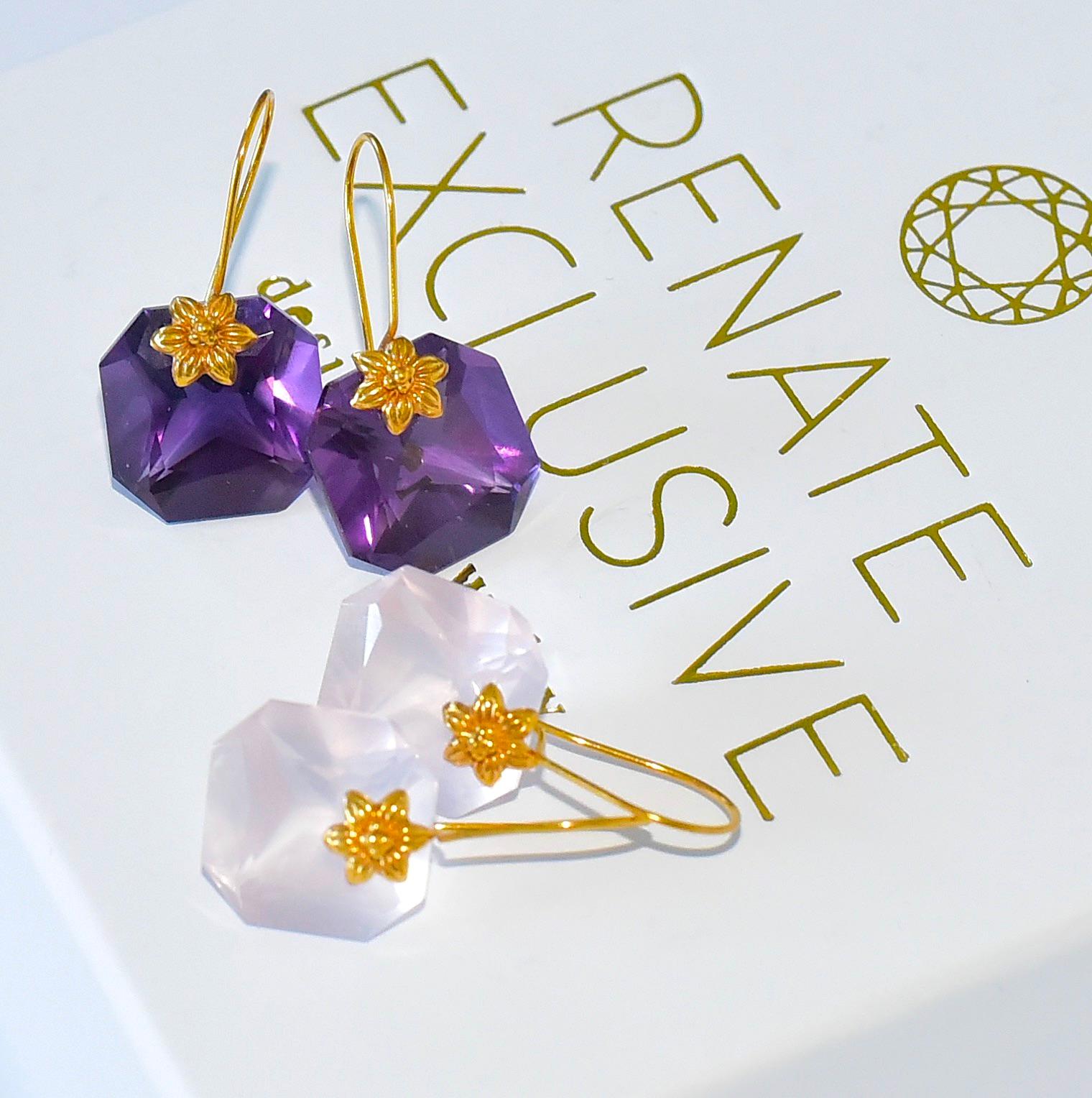 Baguette Cut Two Pairs of Earrings; Natural Amethyst, Pink Quartz Earrings in 18K Solid Gold