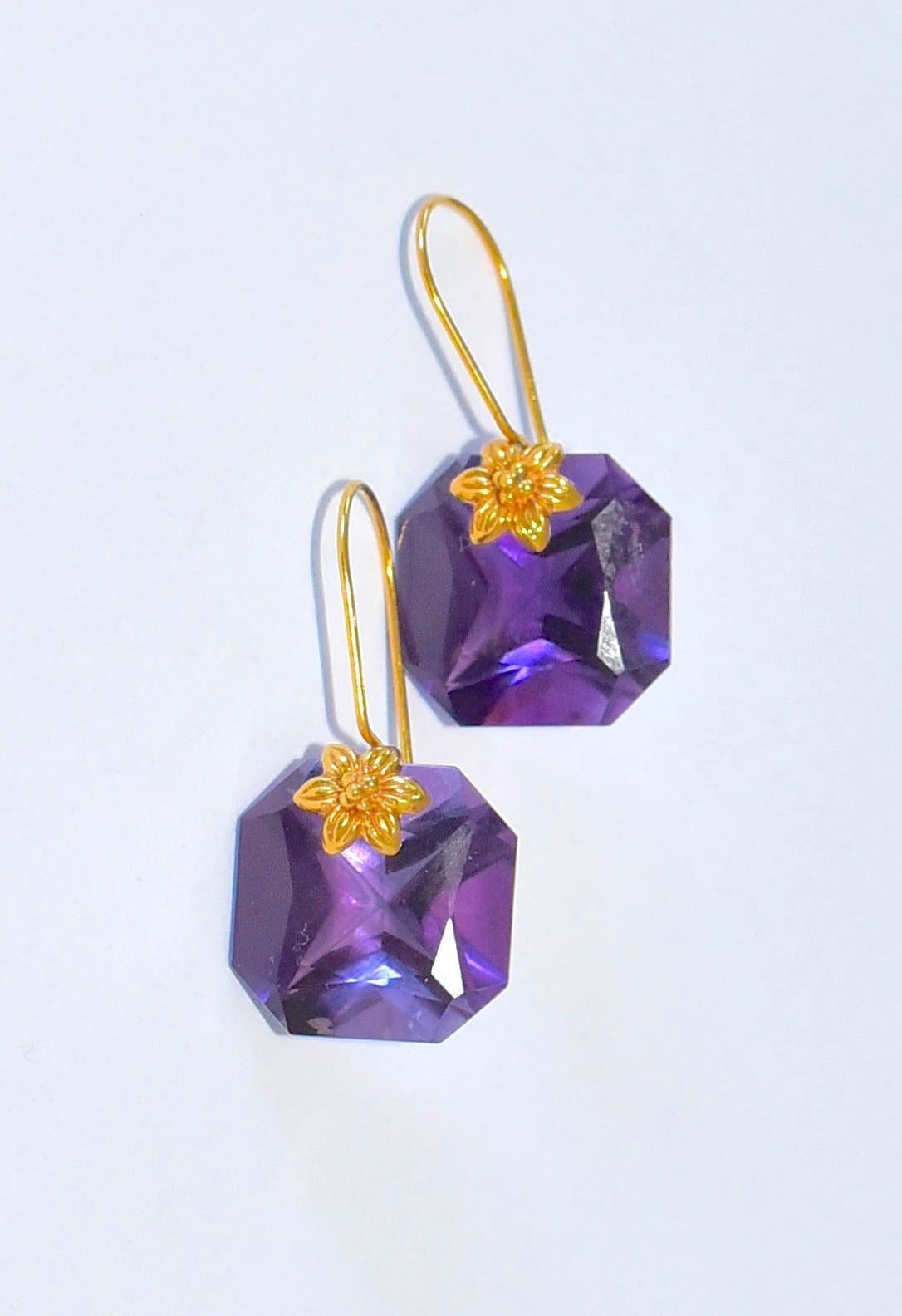 Two Pairs of Earrings; Natural Amethyst, Pink Quartz Earrings in 18K Solid Gold In New Condition In Astoria, NY