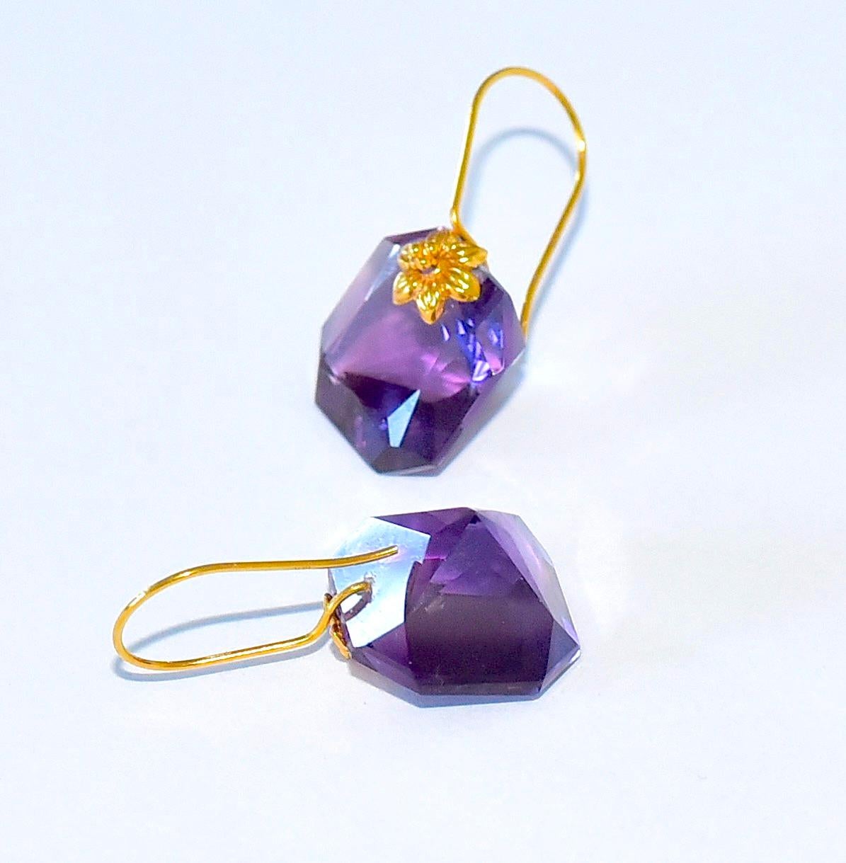 Two Pairs of Earrings; Natural Amethyst, Pink Quartz Earrings in 18K Solid Gold 1