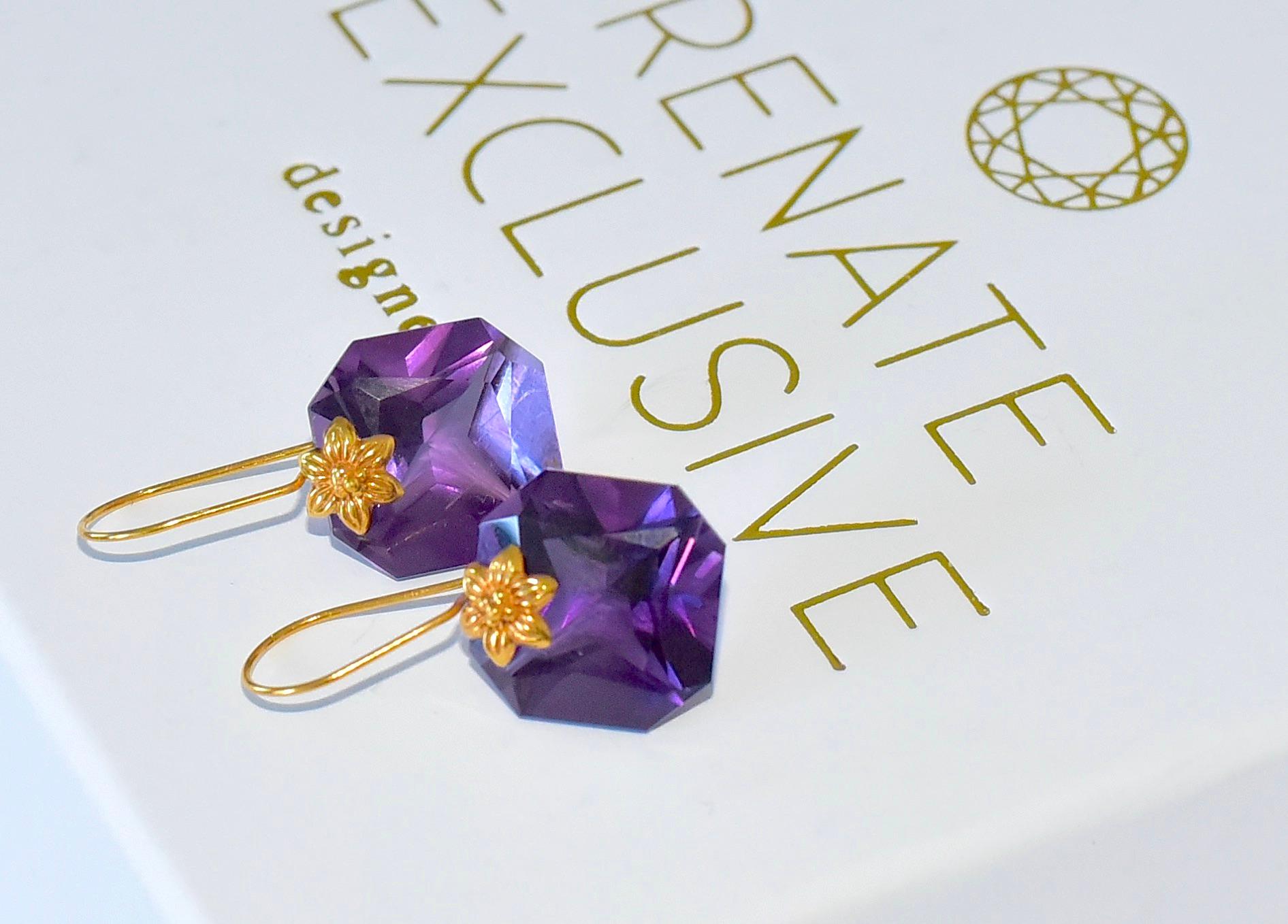 Two Pairs of Earrings; Natural Amethyst, Pink Quartz Earrings in 18K Solid Gold 2