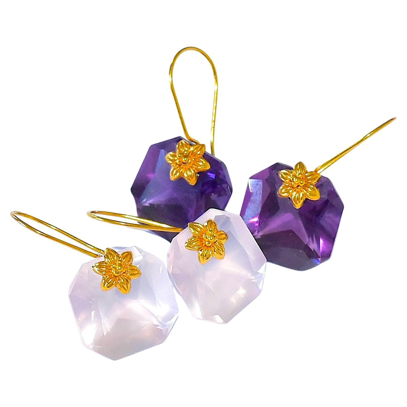 Two Pairs of Earrings; Natural Amethyst, Pink Quartz Earrings in 18K Solid Gold