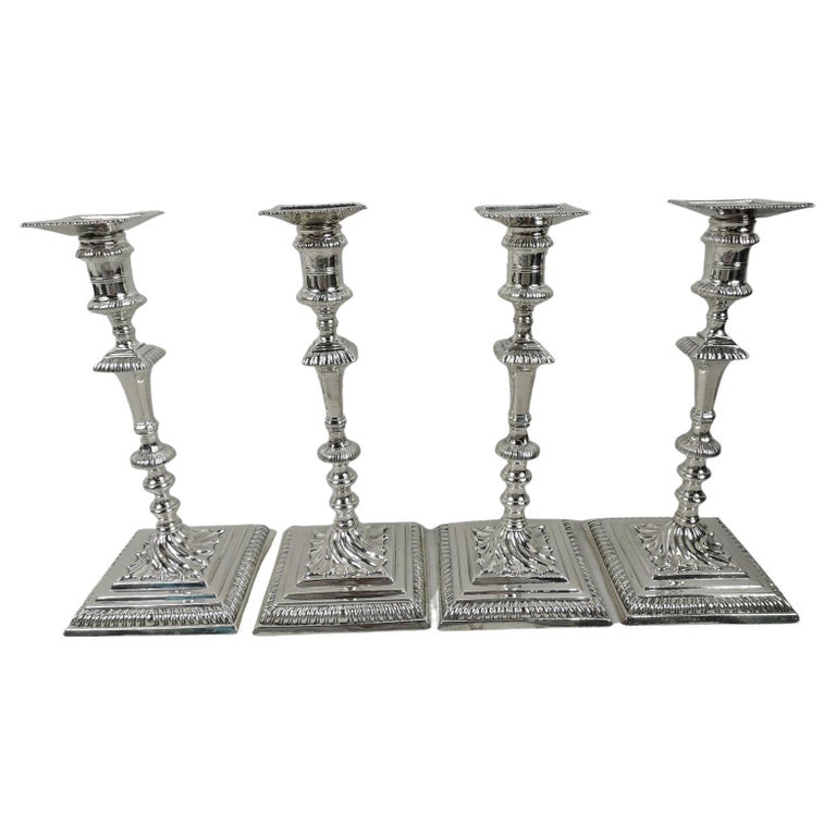 Two Pairs of English Mid-Century Georgian Sterling Silver Candlesticks For Sale