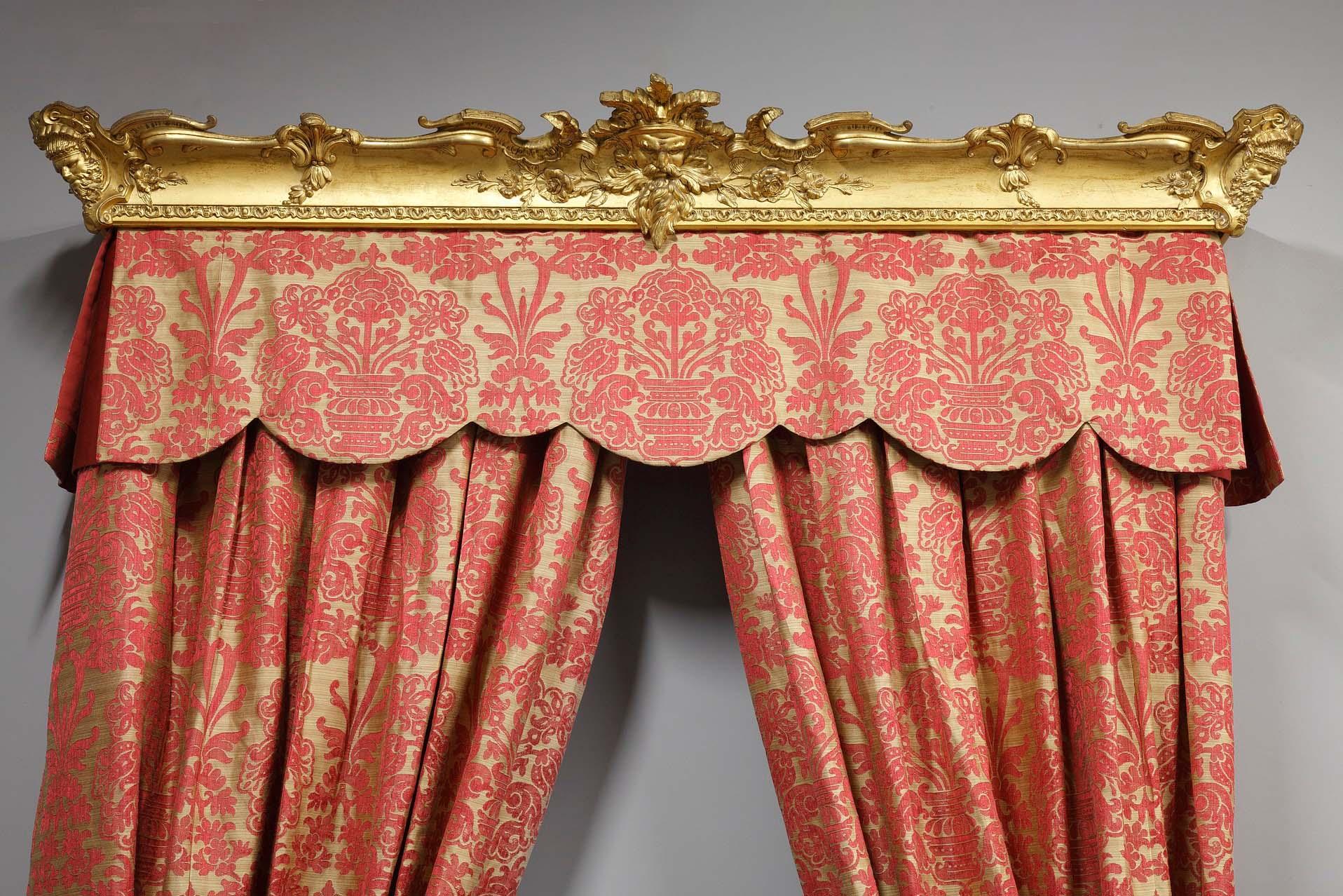 French Two Pairs of Fadini-Borghi Curtains and Their Valances Topped by a Gilded Wood