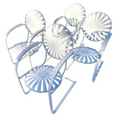 Two Pairs of Francois Carre Sunburst Spring Iron Garden Dining Chairs with Arms
