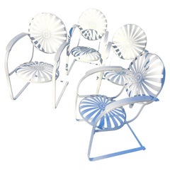 Two Pairs of Francois Carre Sunburst Spring Iron Garden Dining Chairs with Arms