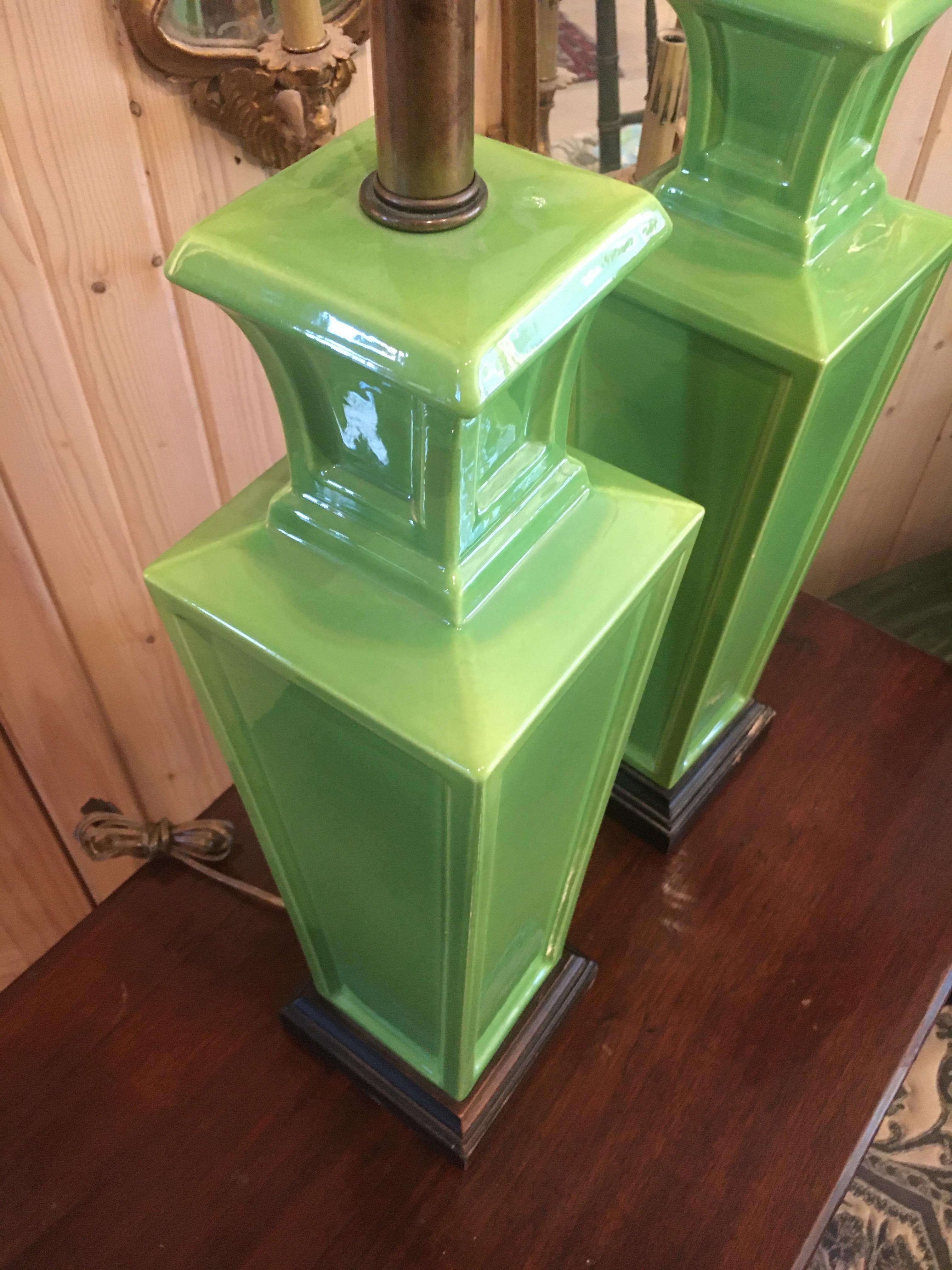 Ceramic Two Pairs of Frederick Cooper Hollywood Regency Table Lamps, Great Apple Green For Sale
