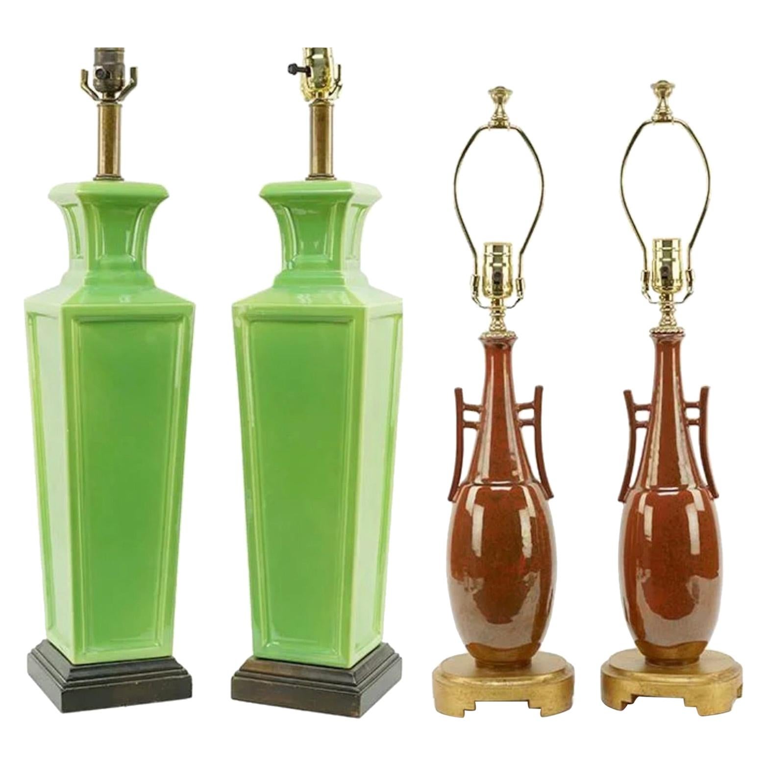 Two Pairs of Frederick Cooper Hollywood Regency Table Lamps, Great Apple Green