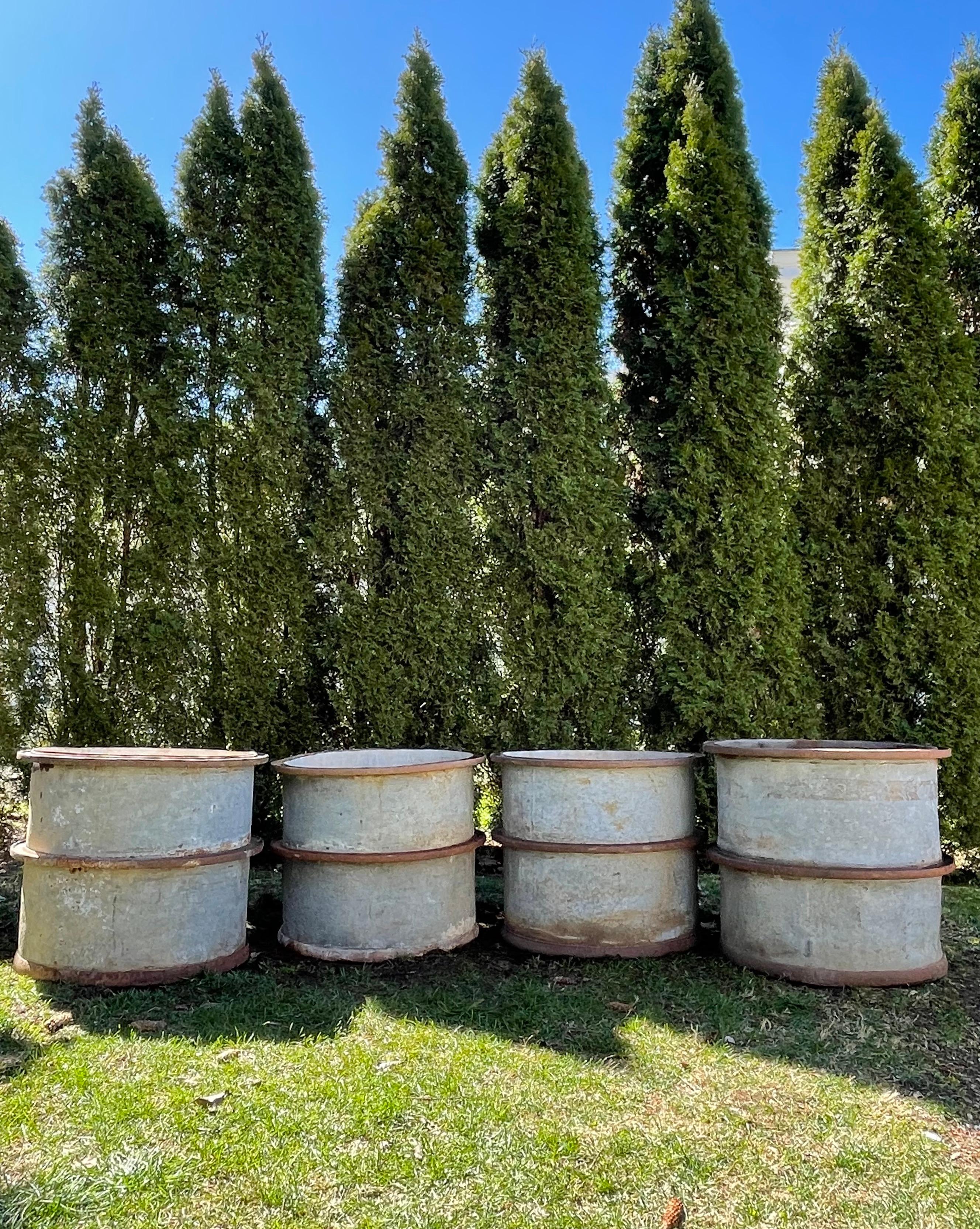 The French Industrial look is so popular with our clients, we couldn’t resist these commodious galvanized tubs with cast iron rims and banding. Originally used as factory storage tubs, they are heavy-duty, make great planters, and are large enough