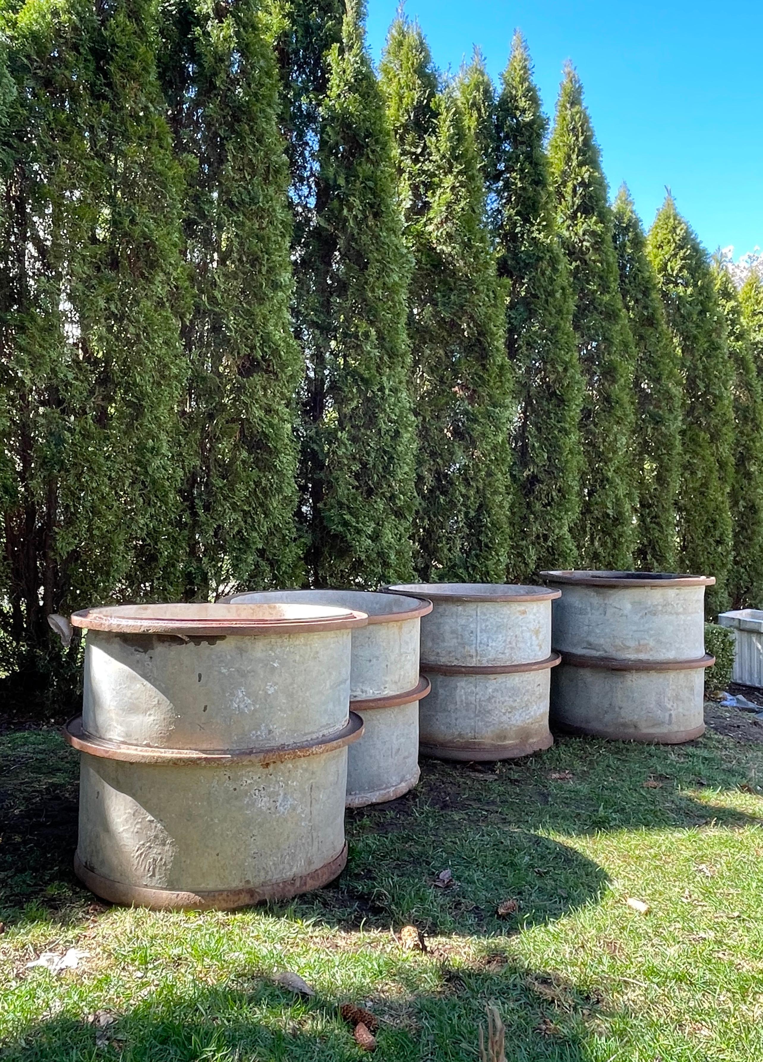Industrial Two Pairs of French Galvanized Steel and Iron Tubs/Planters
