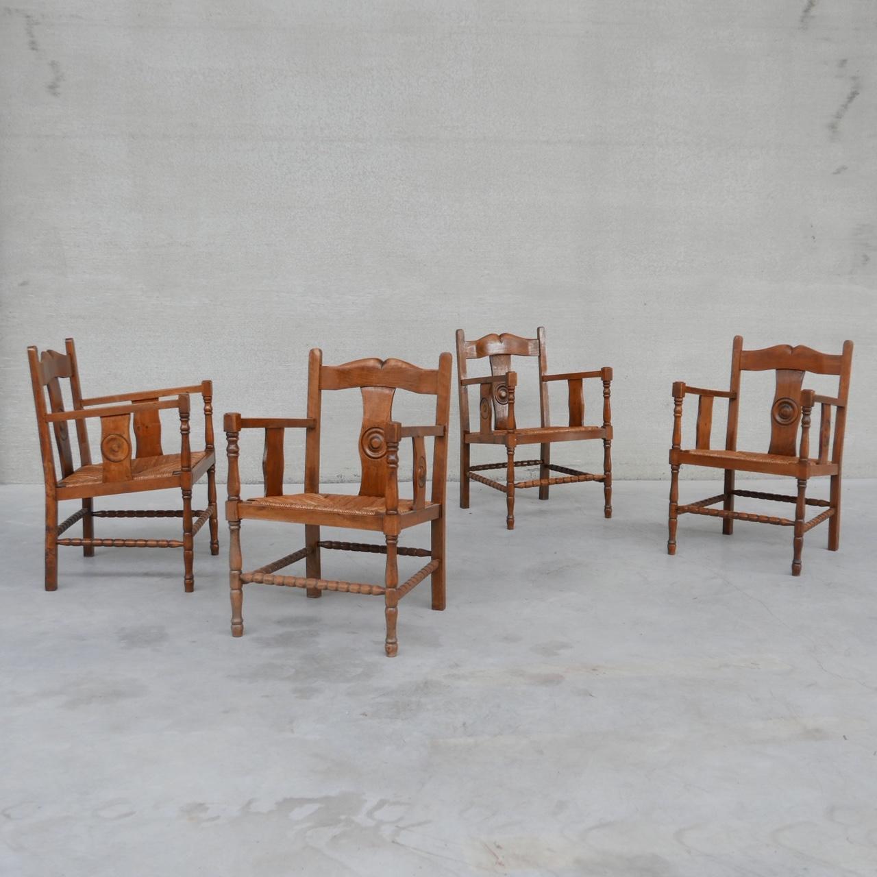 Two Pairs of French Mid-Century Rush Oak Armchairs For Sale 5