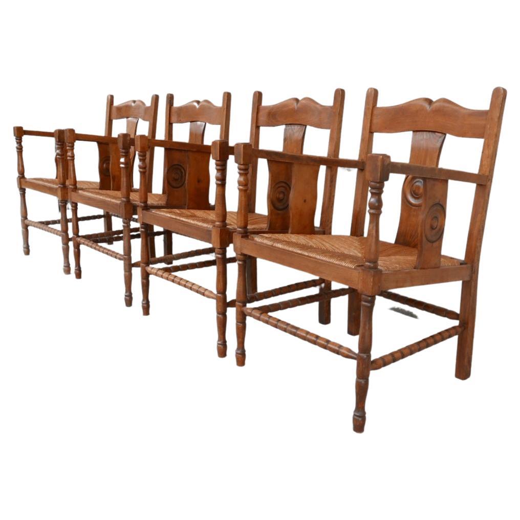 Two Pairs of French Mid-Century Rush Oak Armchairs