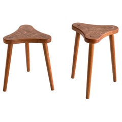 Pair of French Modern Three Legged Stools / Side Tables in Solid Oak, 1950s