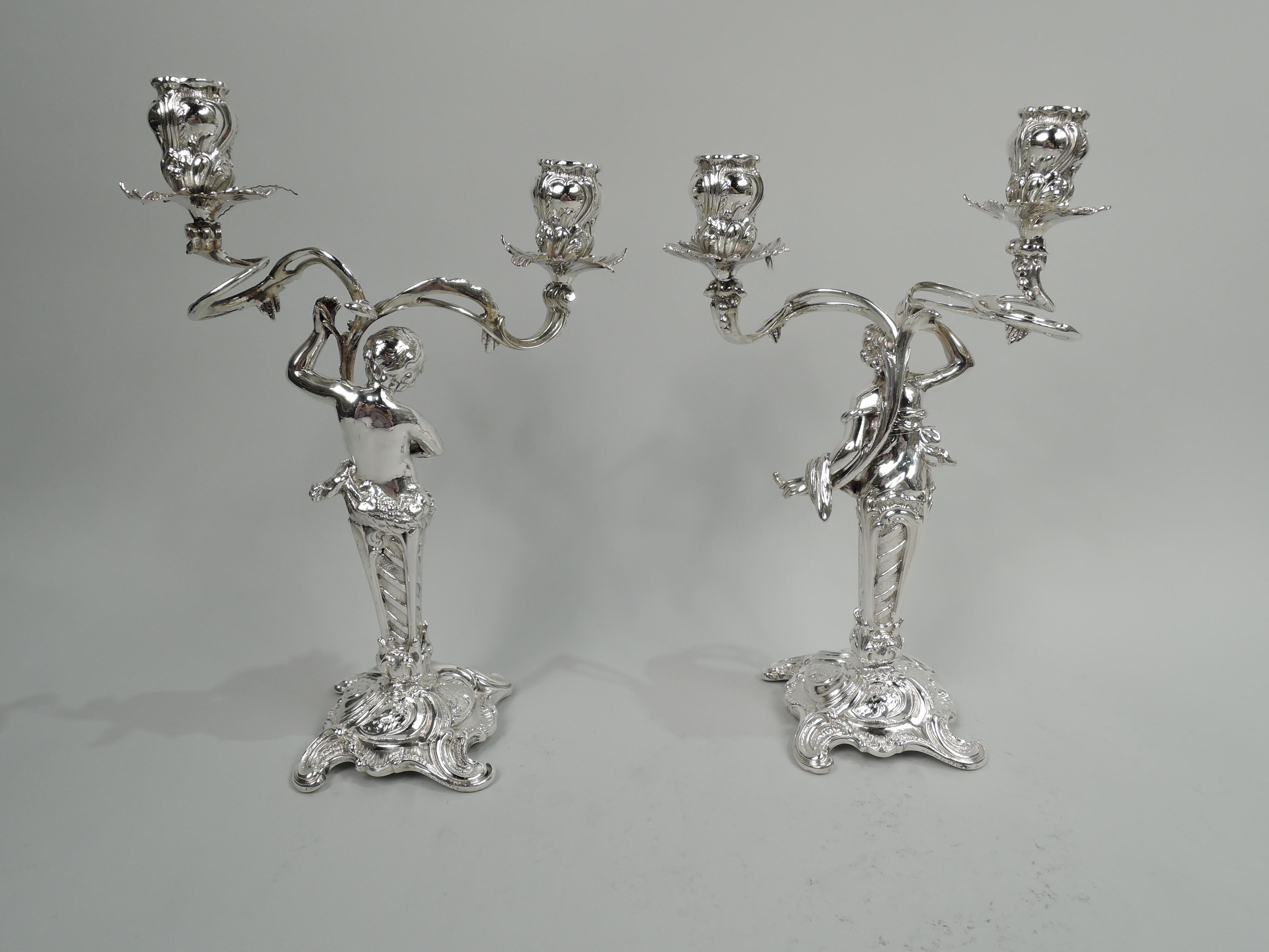 Two Pairs of German Art Nouveau Rococo Silver 2-Light Candelabra In Good Condition For Sale In New York, NY
