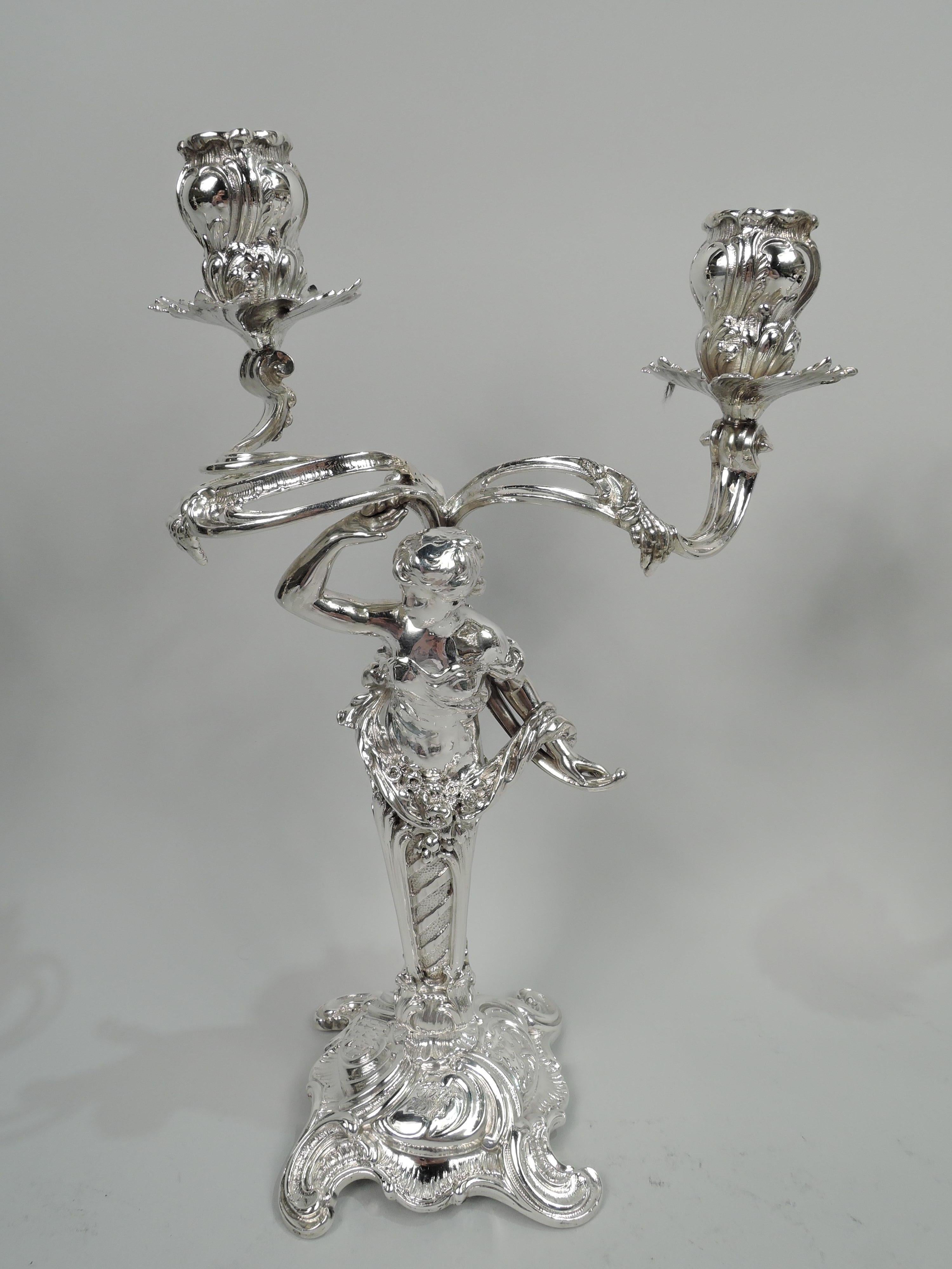 19th Century Two Pairs of German Art Nouveau Rococo Silver 2-Light Candelabra For Sale
