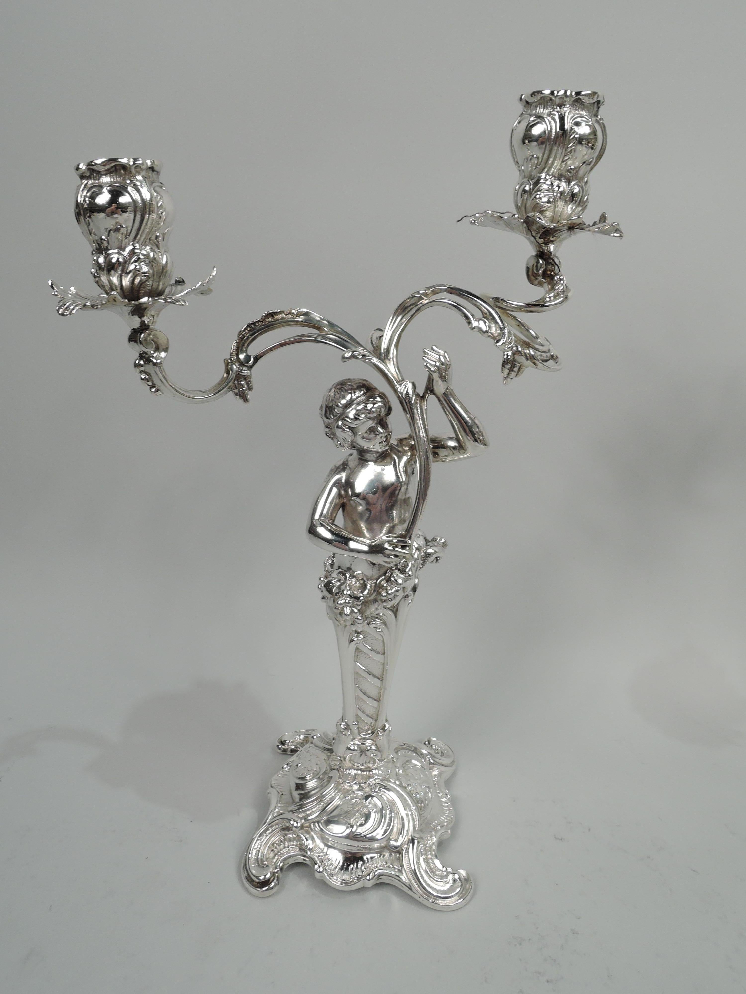 Two Pairs of German Art Nouveau Rococo Silver 2-Light Candelabra For Sale 2