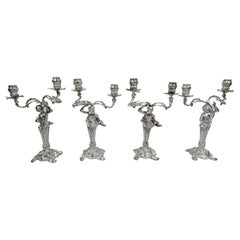 Two Pairs of German Art Nouveau Rococo Silver 2-Light Candelabra
