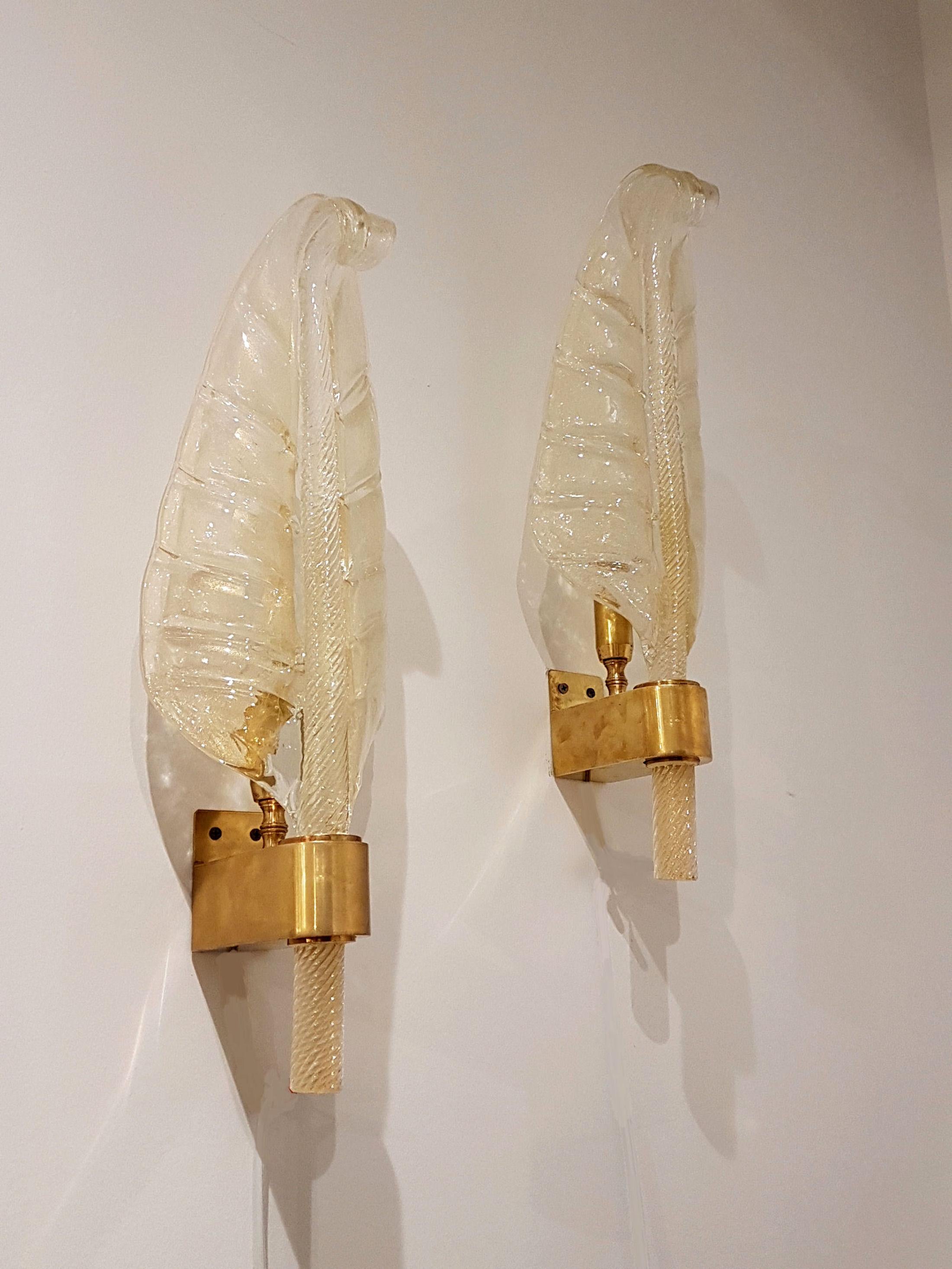 Mid-20th Century Two Pairs of Gold Murano Glass Leaf Sconces, Barovier Style, Mid-Century Modern