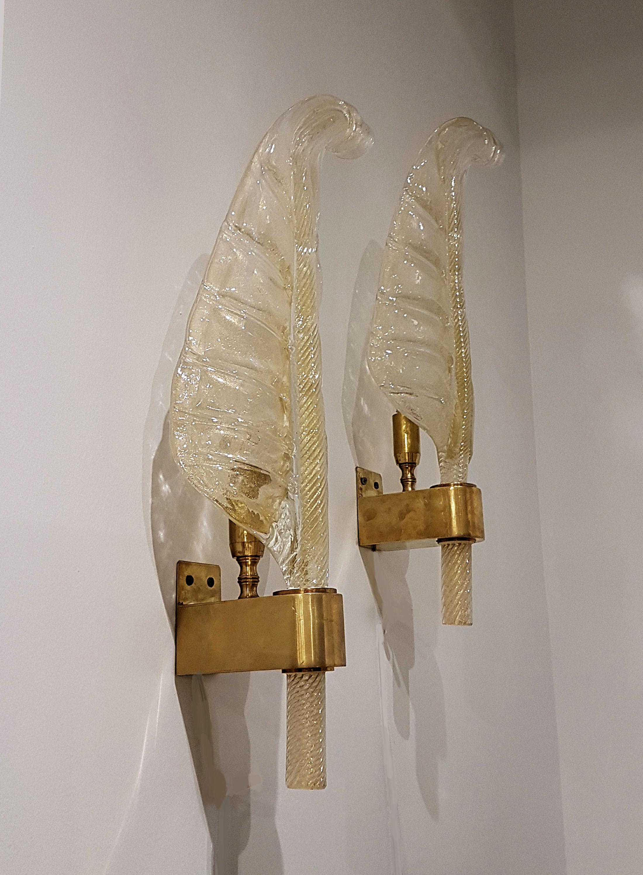 Two Pairs of Gold Murano Glass Leaf Sconces, Barovier Style, Mid-Century Modern 1