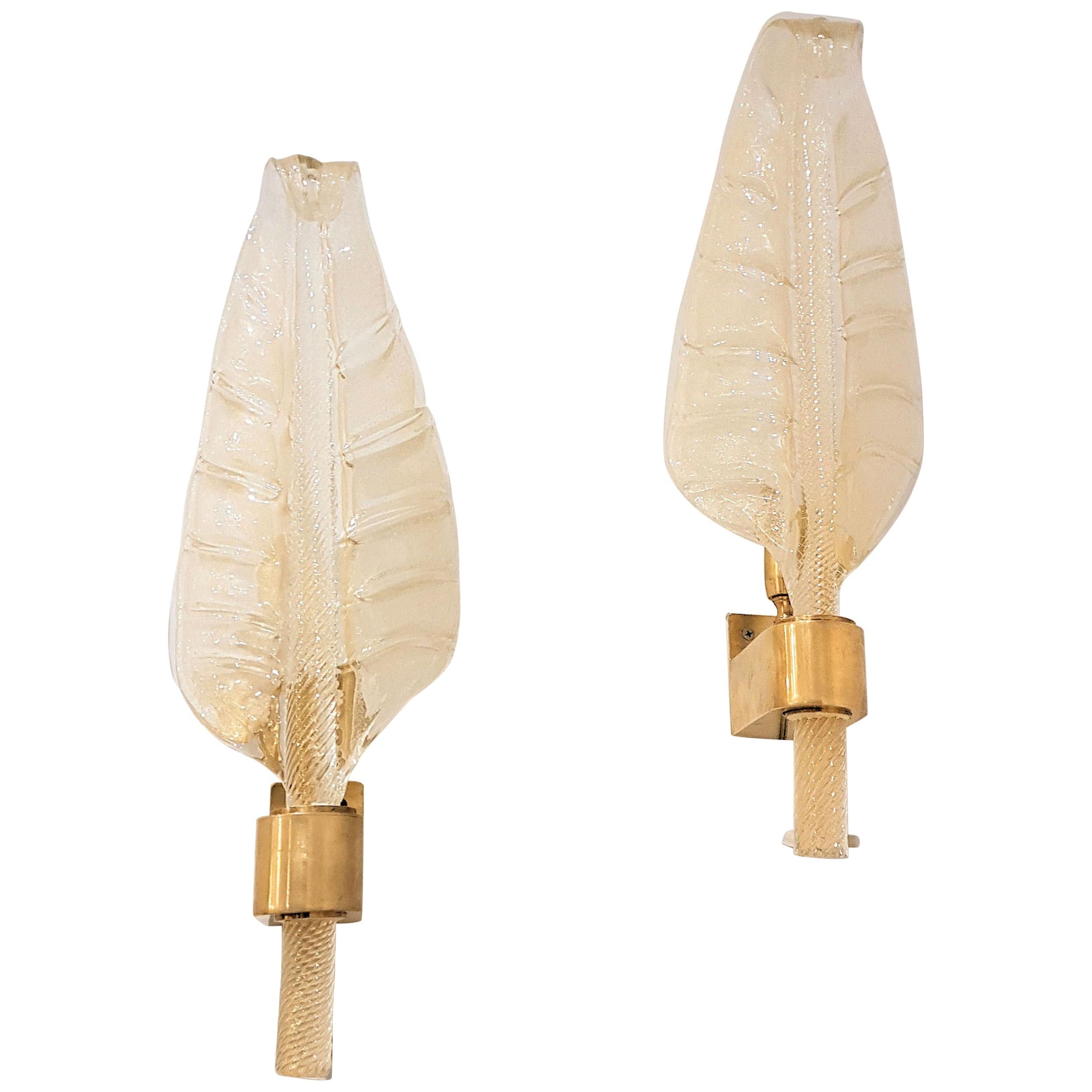Two Pairs of Gold Murano Glass Leaf Sconces, Barovier Style, Mid-Century Modern