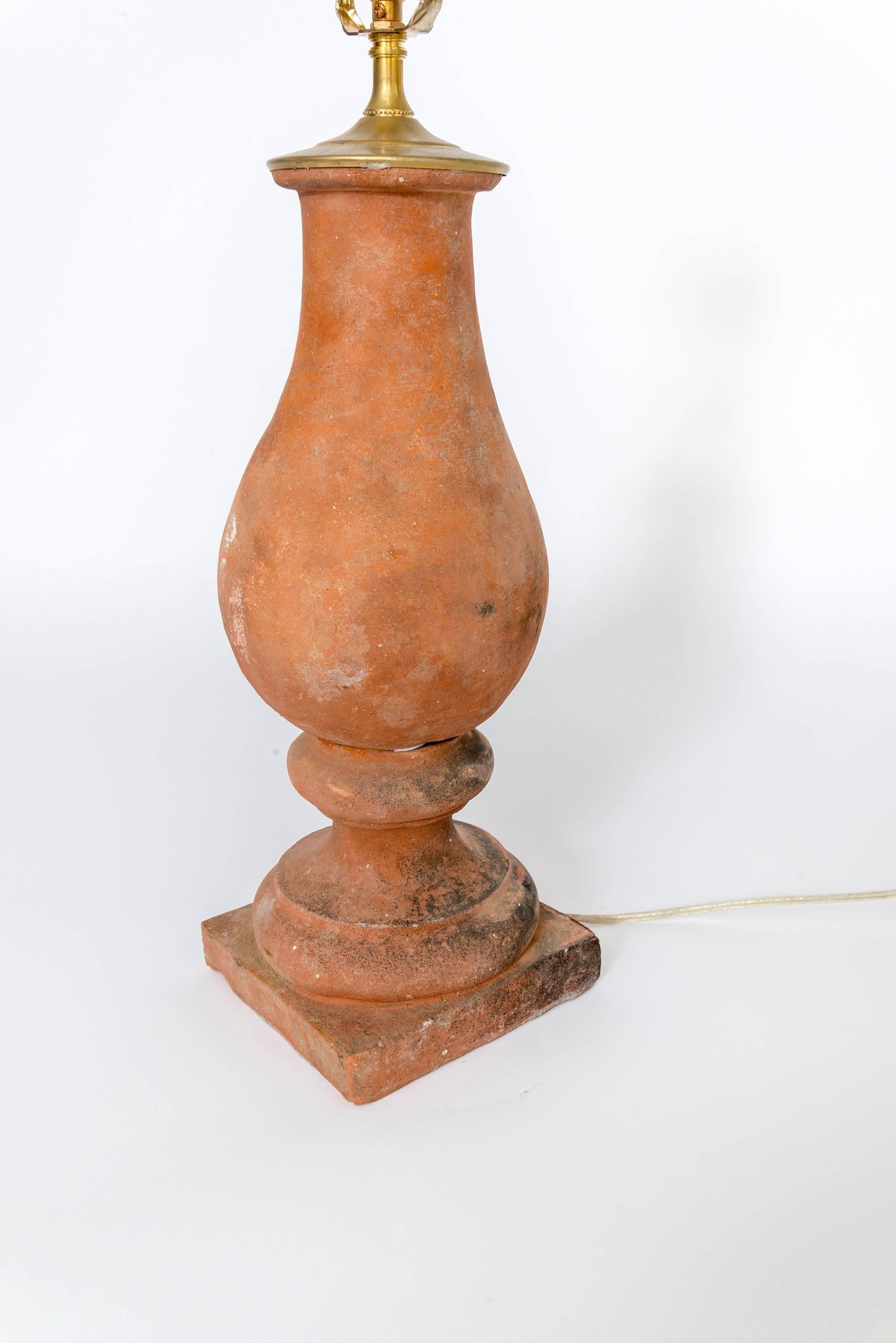 French Pair of Hand Molded Red Terra Cotta Table Lamps with New Us Approved Wiring