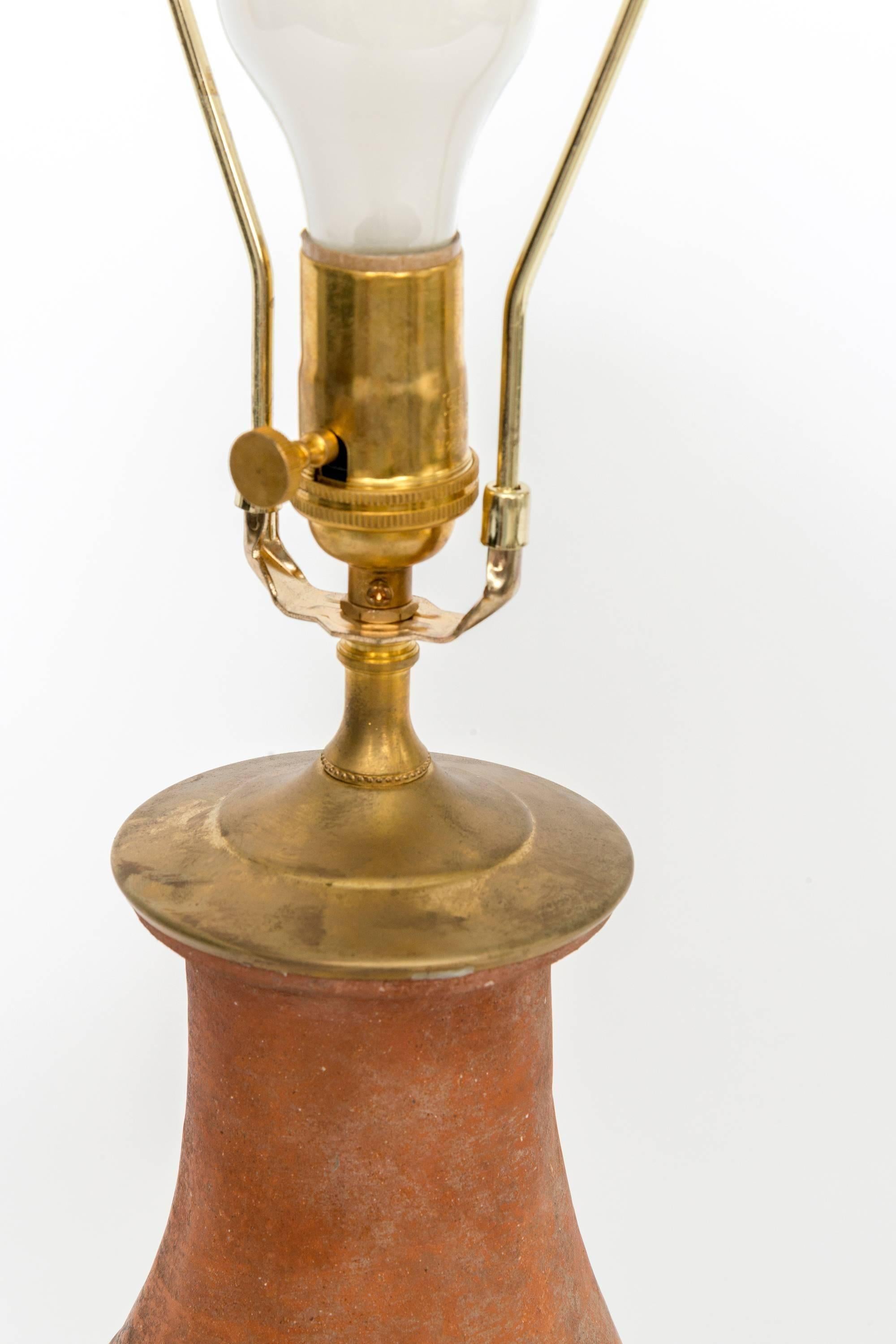 Terracotta Pair of Hand Molded Red Terra Cotta Table Lamps with New Us Approved Wiring