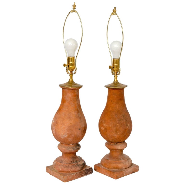 Pair of Hand Molded Red Terra Cotta Table Lamps with New Us Approved