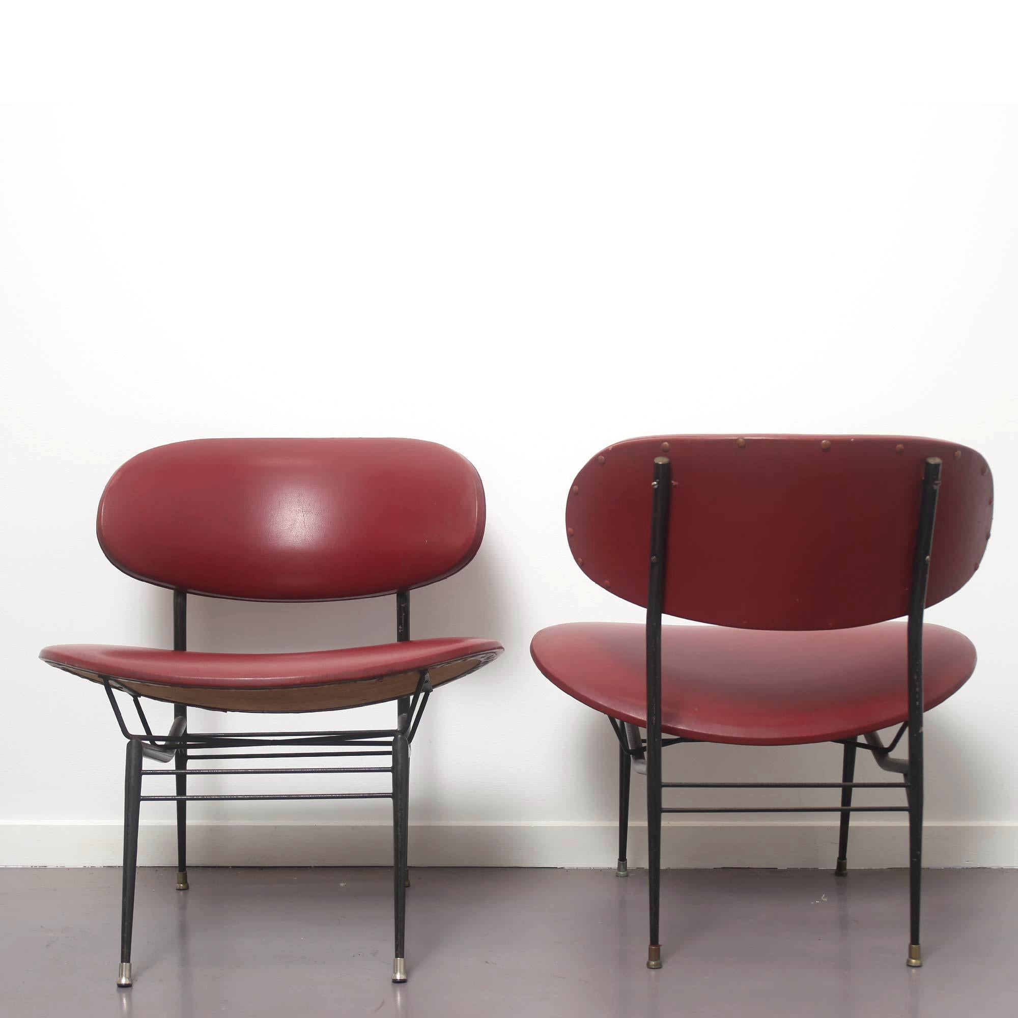 Metal Italian Mid Century Modern Red Vinyl Lounge Chairs by Gastone Rinaldi, 1950