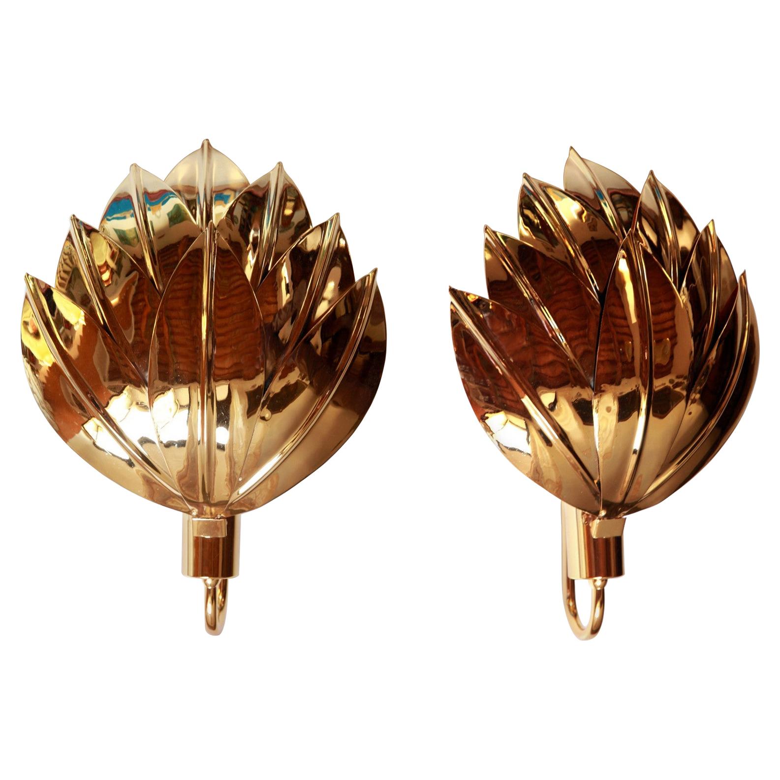 Two Pairs of Large Brass Gilded Palm Sconces, Maison Jansen Attribution