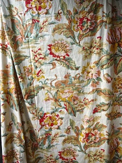 Two Pairs of Lion and Unicorn Floral Cotton Curtains, French, Early 20th Century