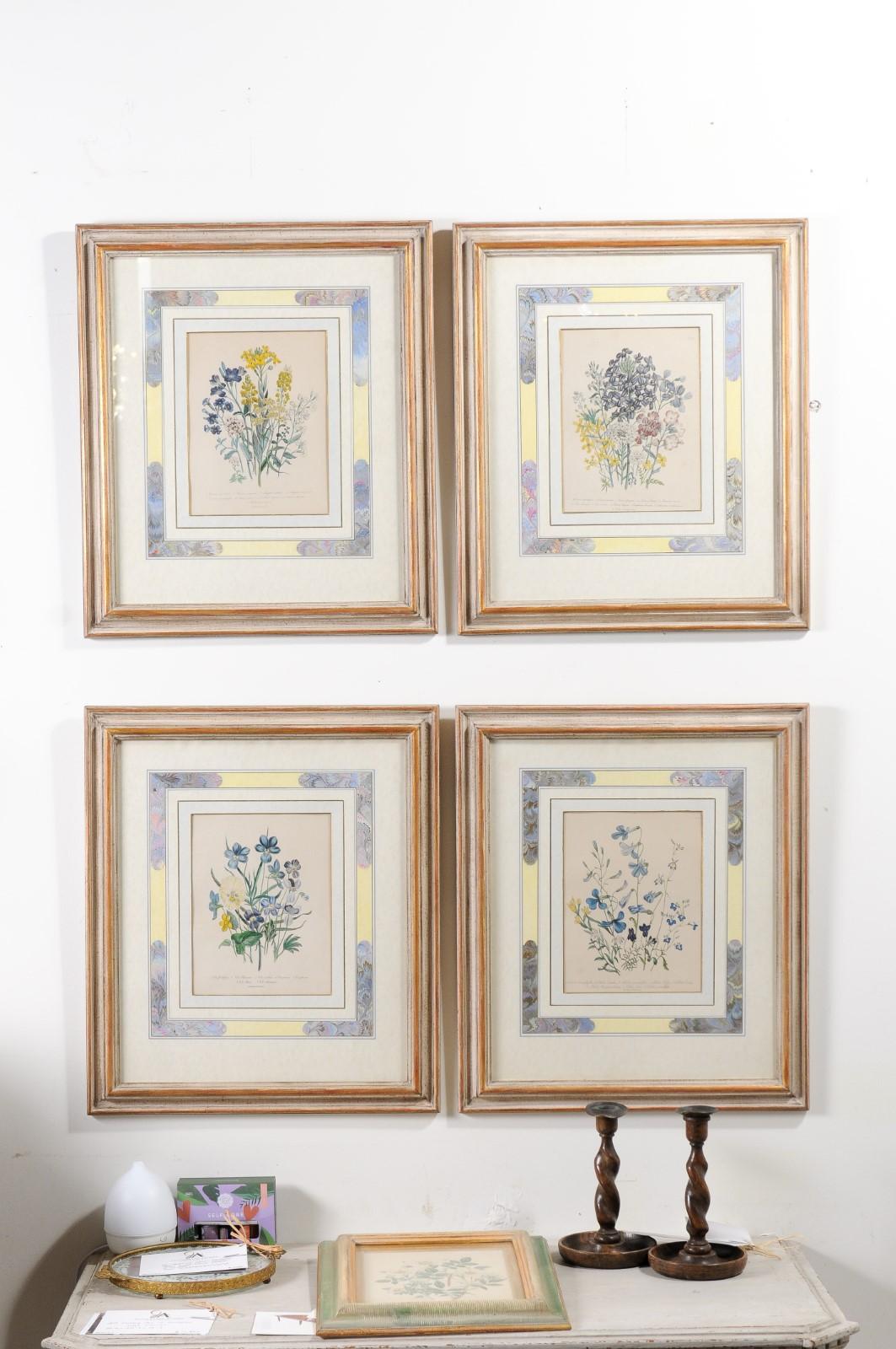 Anglais Deux paires de lithographies florales anglaises originales colorées à la main par Jane London en vente