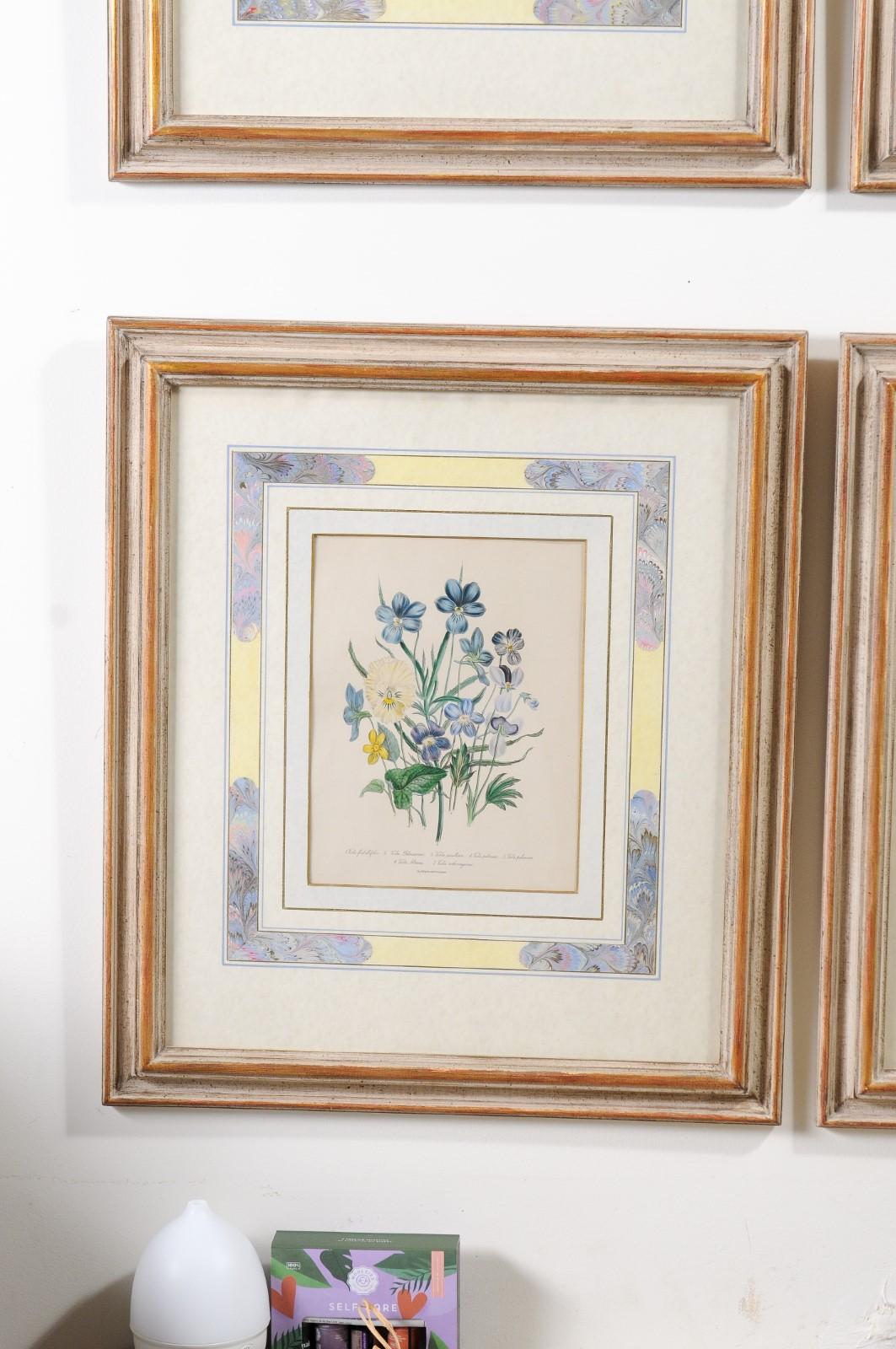 Deux paires de lithographies florales anglaises originales colorées à la main par Jane London Bon état - En vente à Atlanta, GA