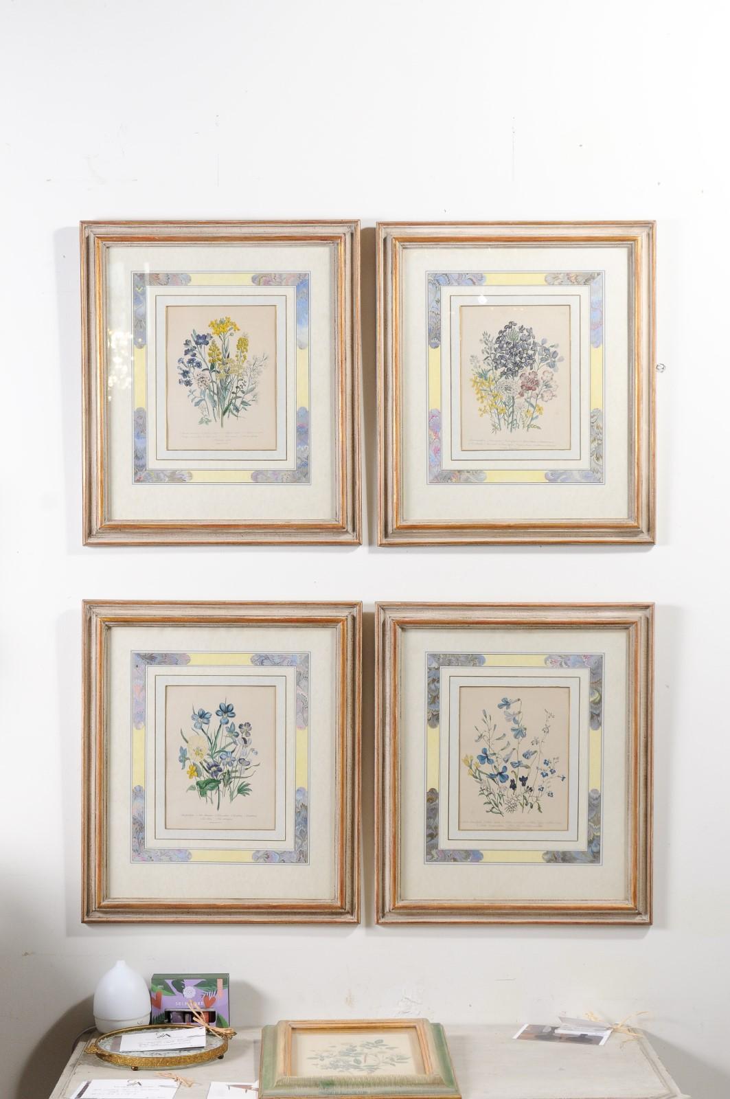 Glass Two Pairs of Original English Hand-Colored Floral Lithographs by Jane London For Sale