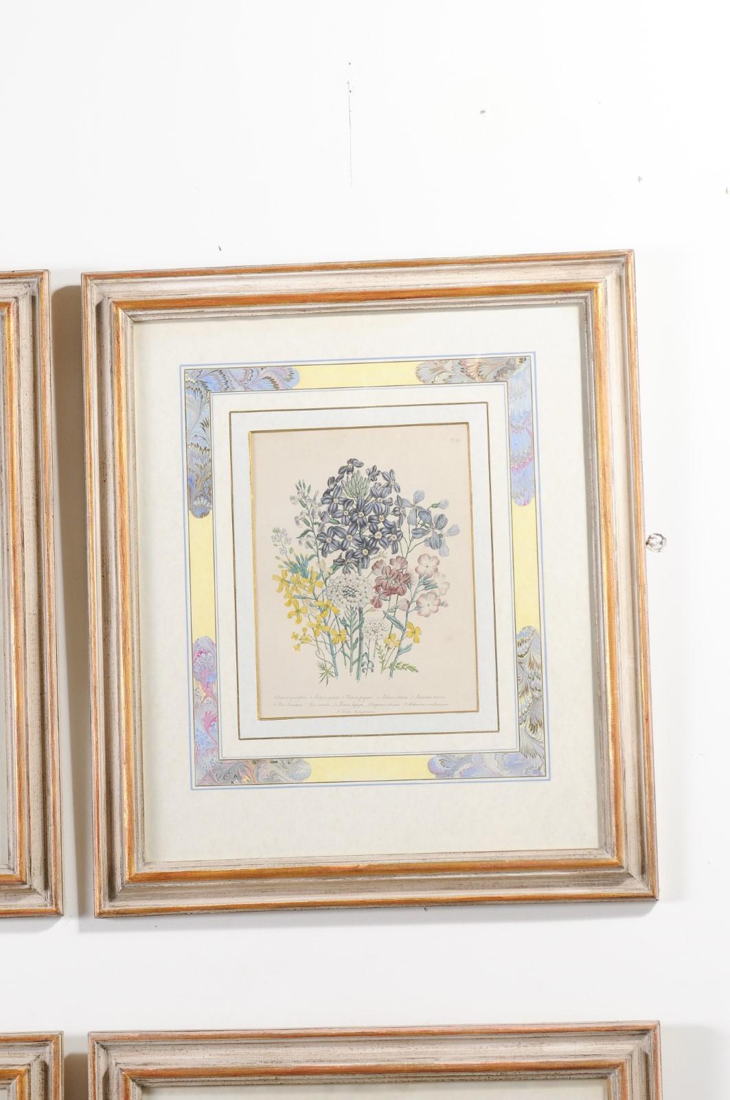 Deux paires de lithographies florales anglaises originales colorées à la main par Jane London en vente 1