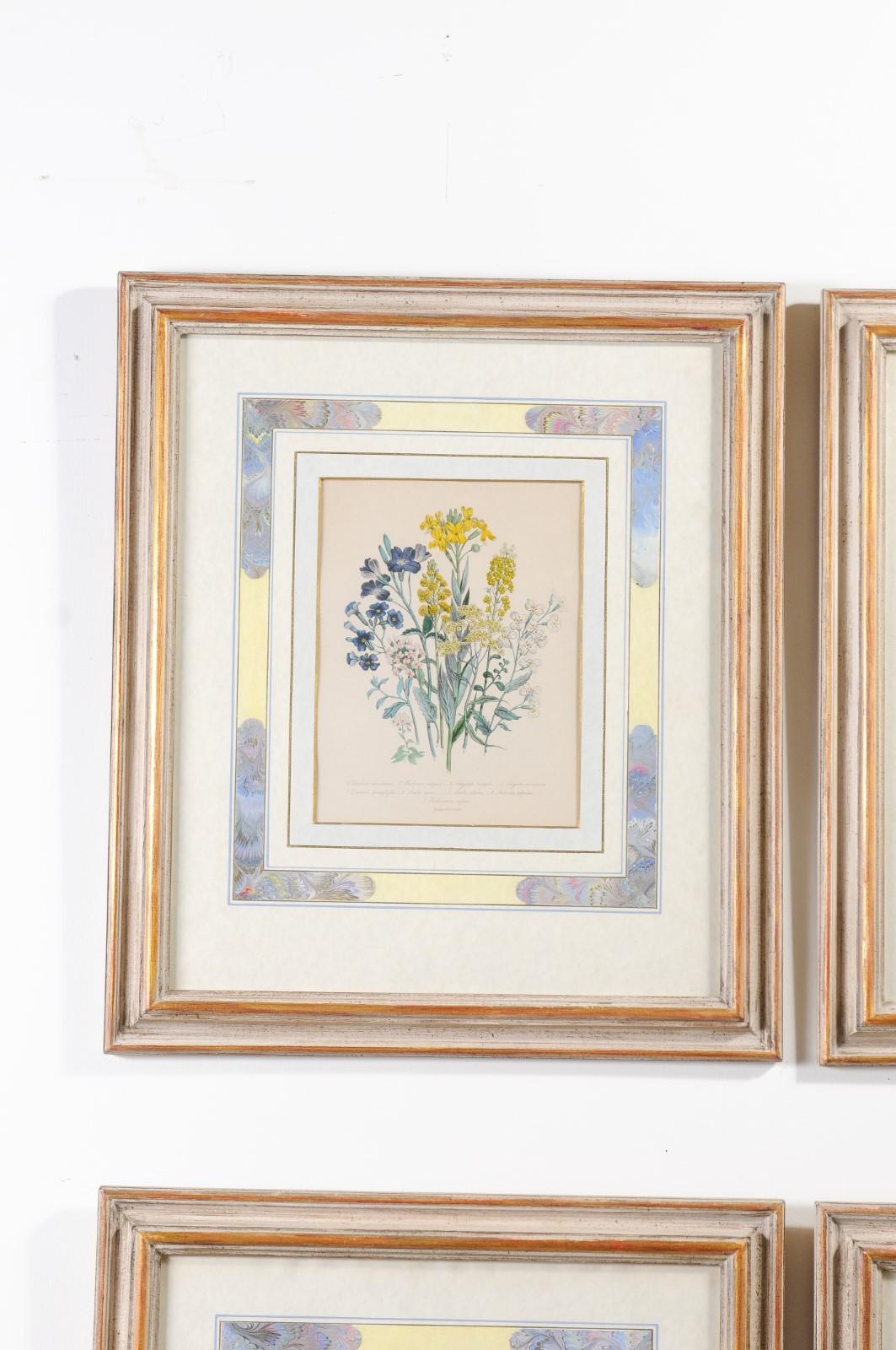 Deux paires de lithographies florales anglaises originales colorées à la main par Jane London en vente 2