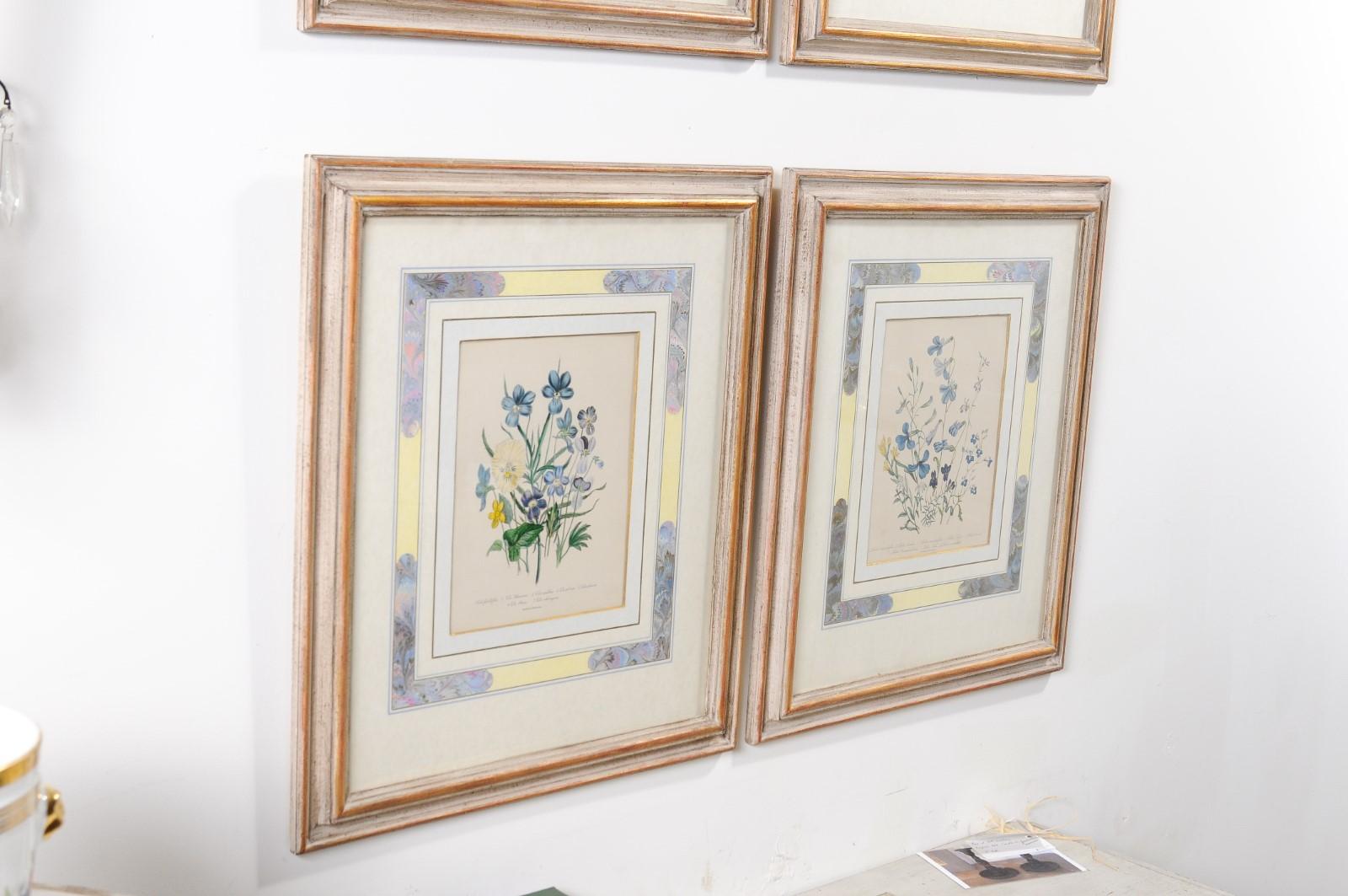 Deux paires de lithographies florales anglaises originales colorées à la main par Jane London en vente 3