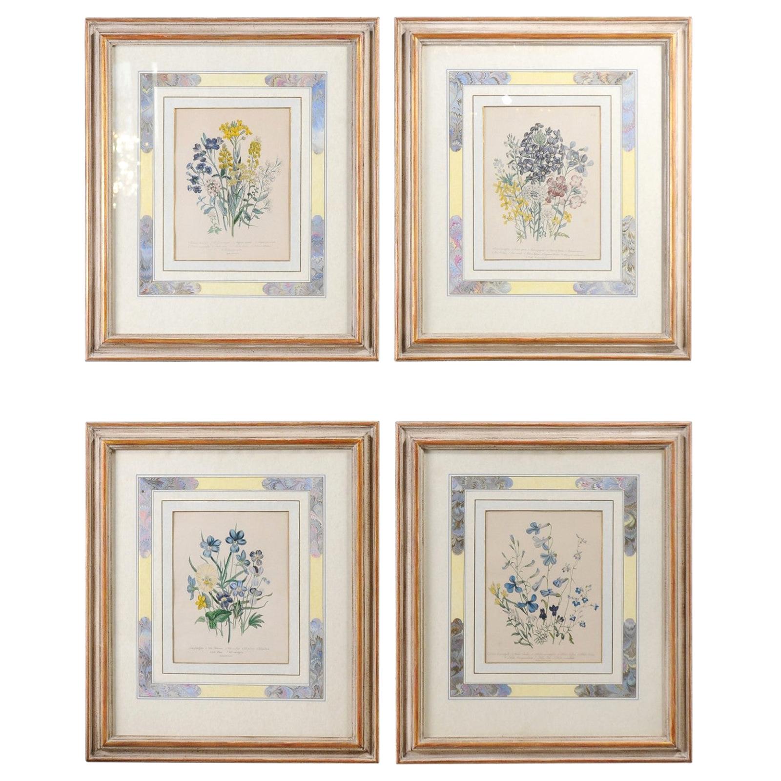 Deux paires de lithographies florales anglaises originales colorées à la main par Jane London