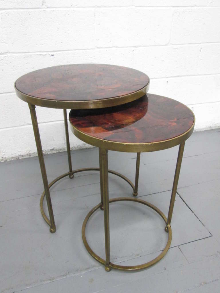 Tables have painted gold steel frames with a parchment top.
Taller table measures: 19